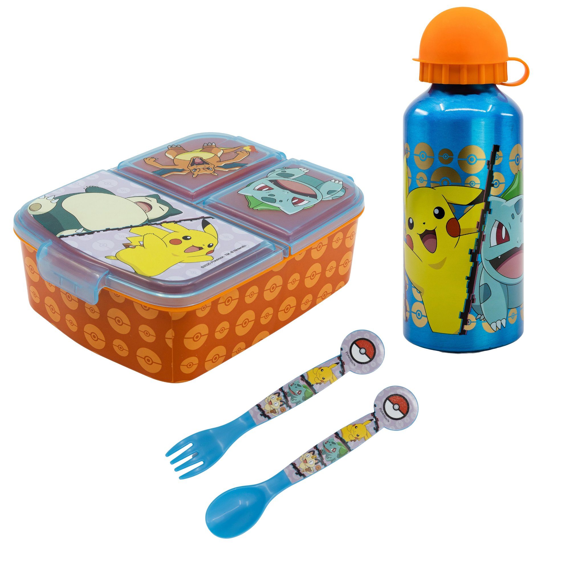 POKÉMON Lunchbox Pokemon Kinder 4 tlg. Set, 3 Kammern Brotdose Gabel Löffel Alu-Flasche