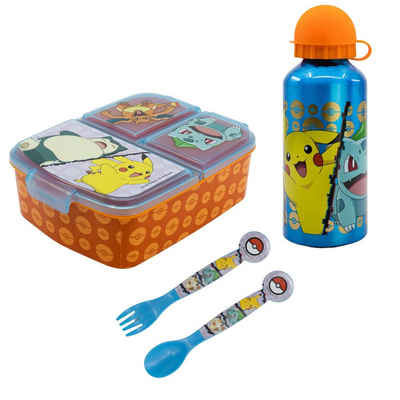 POKÉMON Lunchbox Pokemon Kinder 4 tlg. Set, 3 Kammern Brotdose Gabel Löffel Alu-Flasche
