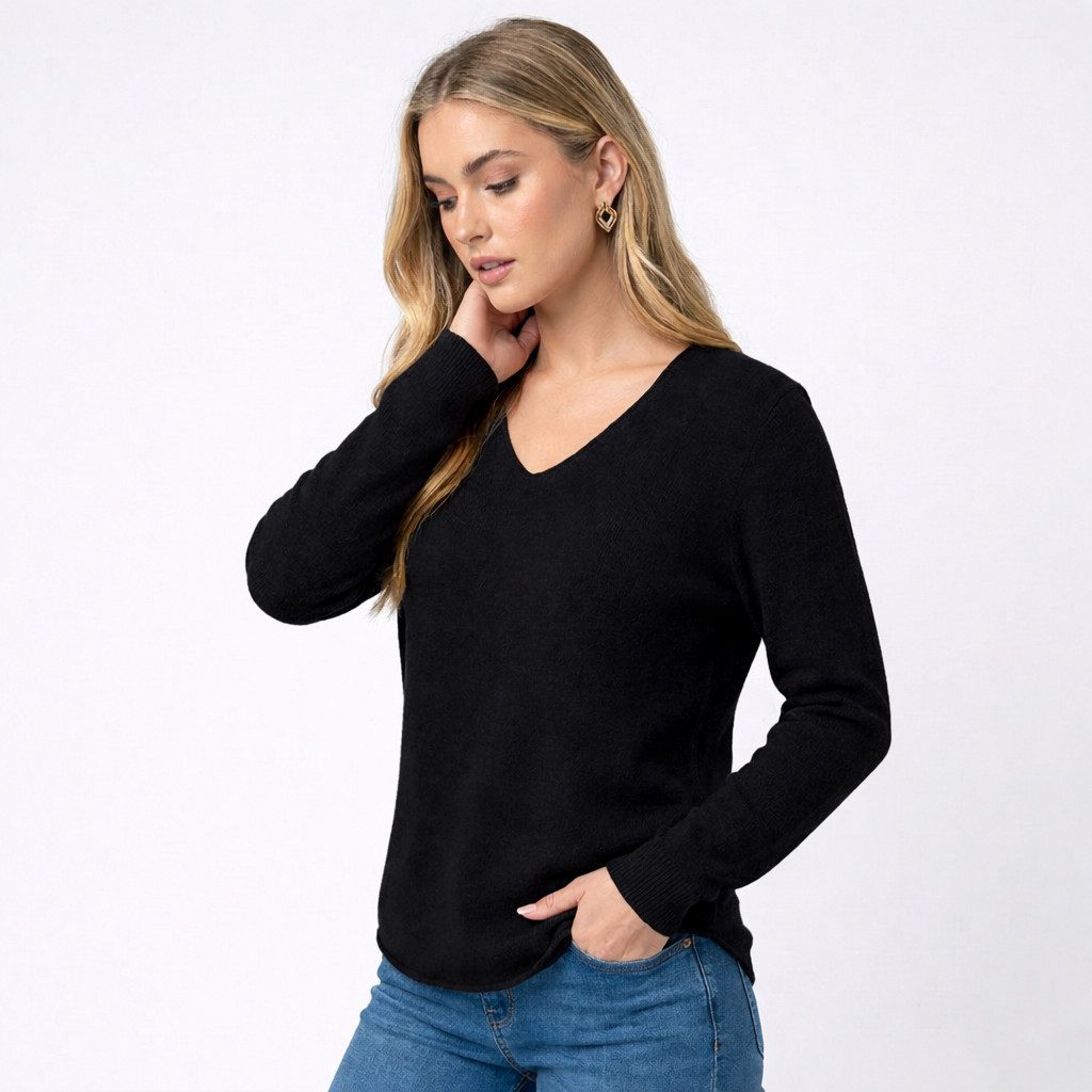 Kendindza Collection V-Ausschnitt-Pullover Damen Strickpullover V-Ausschnitt Feinstrick Basic Sweater Langarm Made in Italy - Weicher Viskose-Wolle Mix - One Size (34-36-38-40)