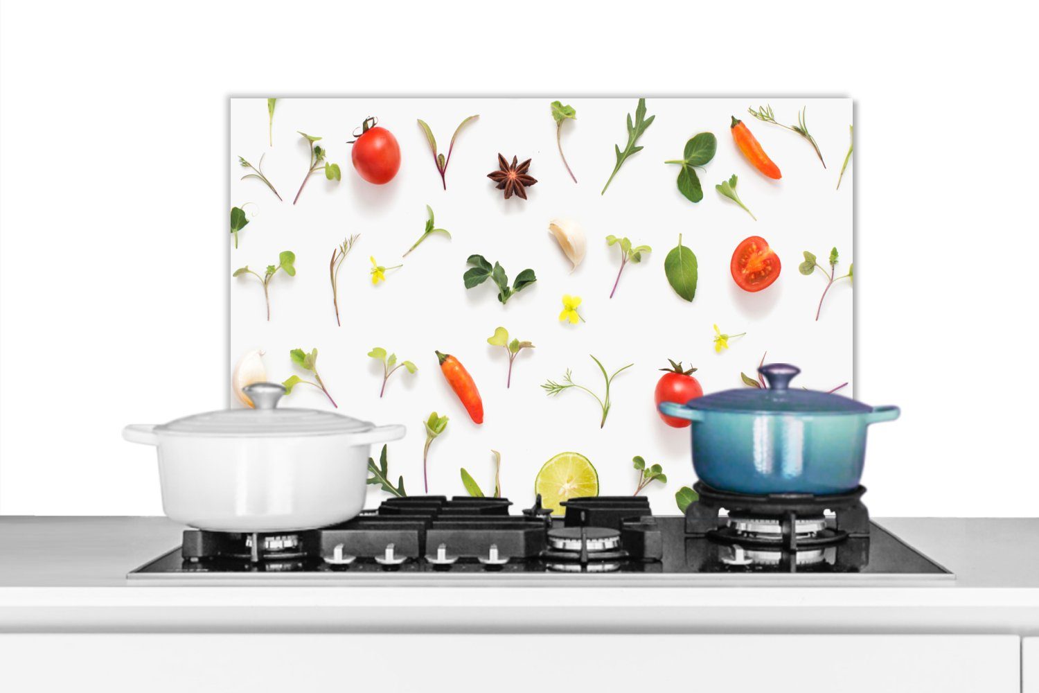MuchoWow Küchenrückwand Flachgelegte Früchte, Gemüse, Gewürze und Kräuter, (1-tlg), 60x40 cm, Herdblende aus Wandschutz, Temperaturbeständig küchen