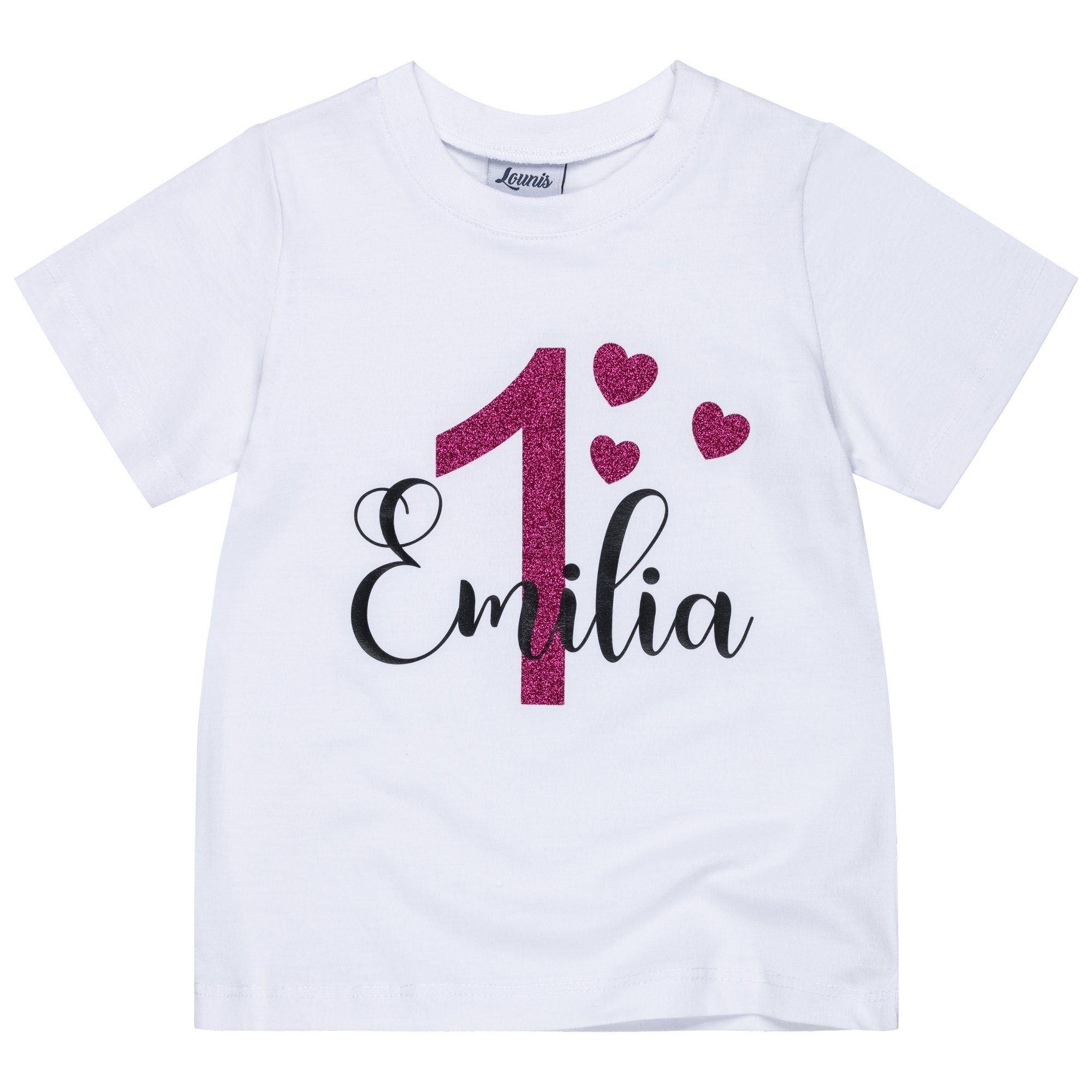 - - Kindershirt Babyshirt Geburtstag, Personalisiert, T-Shirt Kurzarm Geburtstagsshirt Lounis - Namensshirt Print-Shirt - Rosa