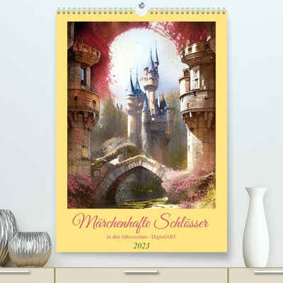 CALVENDO Wandkalender Märchenhafte Schlösser - In den Jahreszeiten - Digitalart (Premium, hochwertiger DIN A2 Wandkalender 2023, Kunstdruck in Hochglanz)