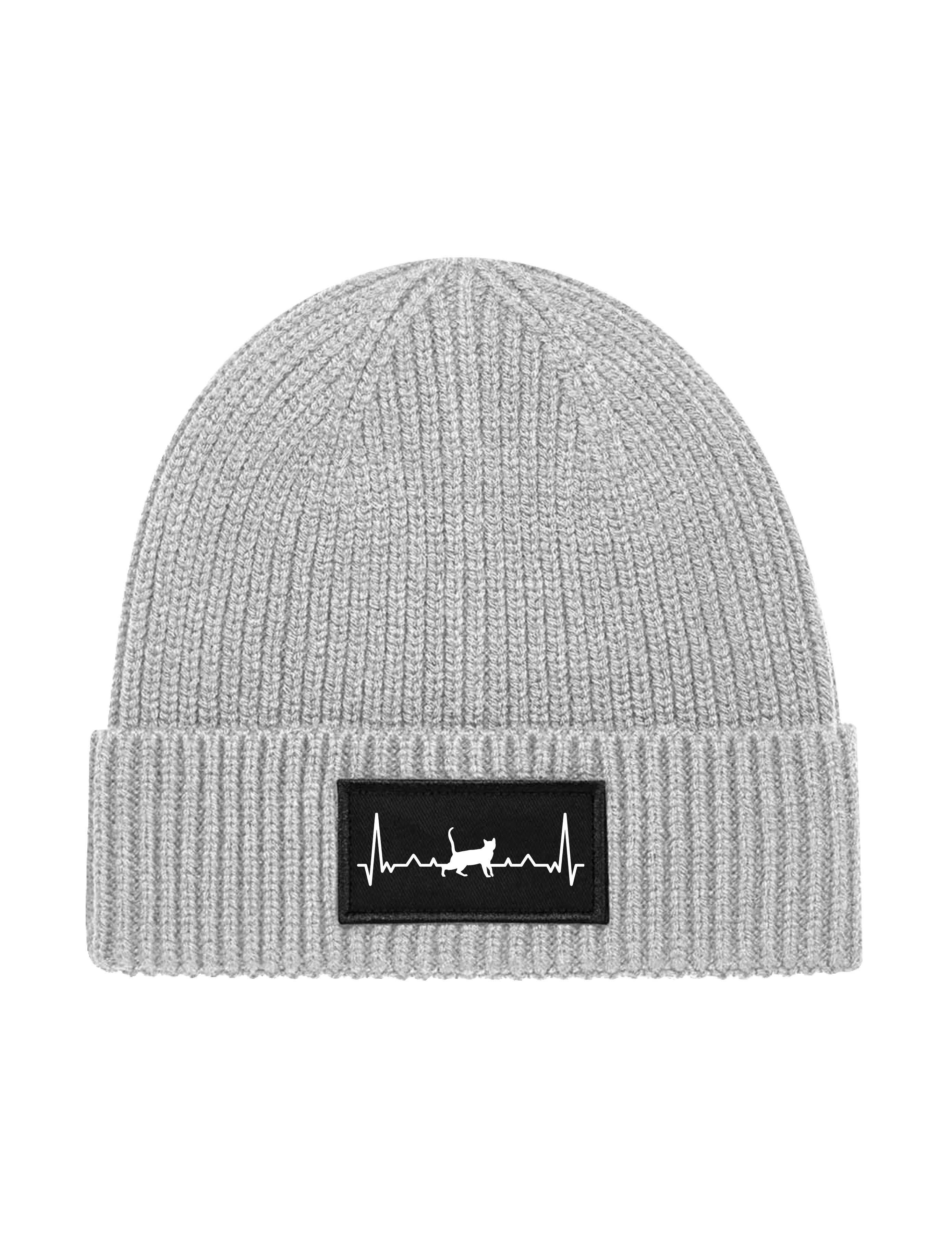 Beanie Unisex Strick Beanie Mütze mit Heartbeat Katze Herz Aufdruck Geschenk