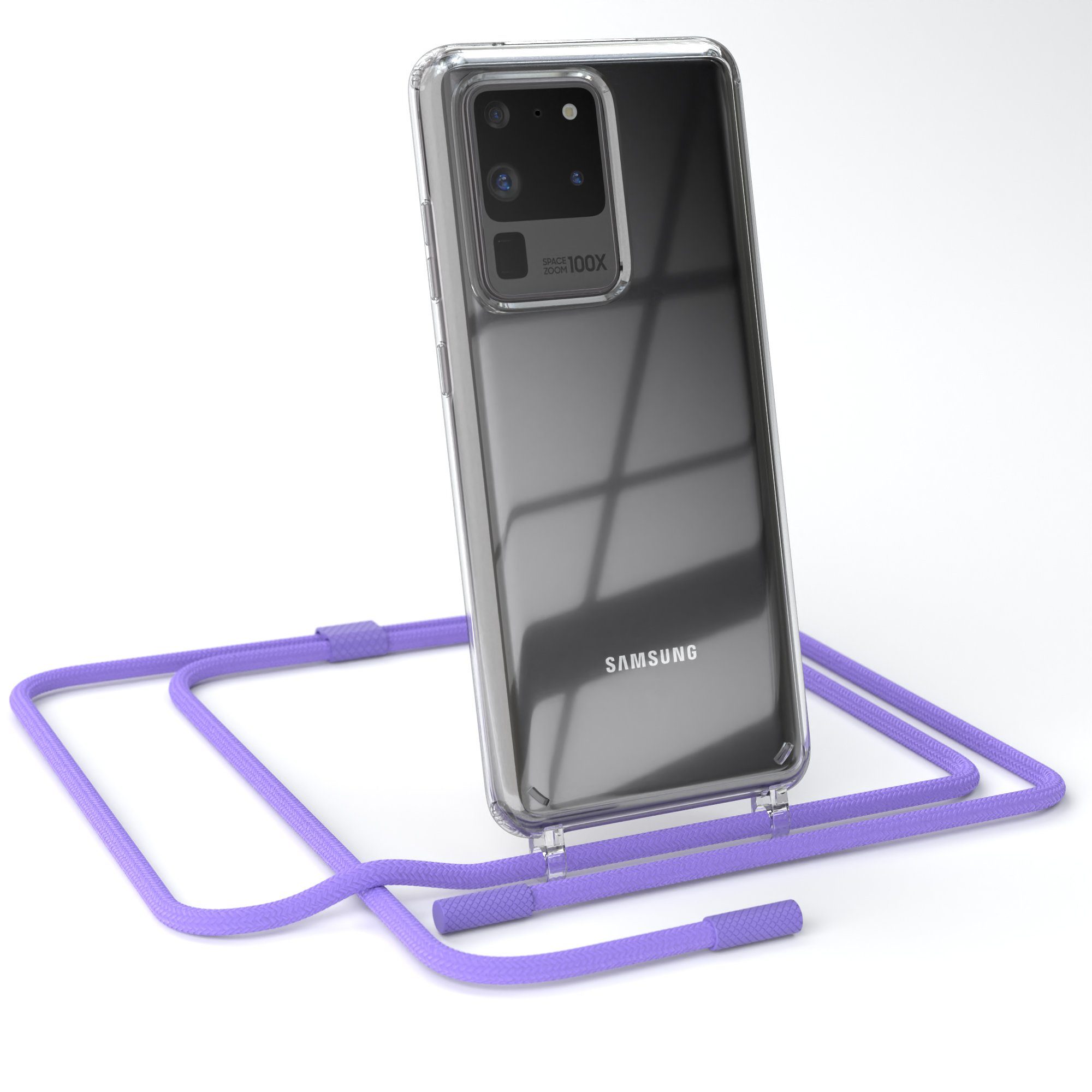 EAZY CASE Handykette Silikon Kette Unifarbe für Galaxy S20 Ultra / 5G 6,9 Zoll, Ketten Kordel Transparent Case abnehmbare Handyhülle Flieder Lila Gold