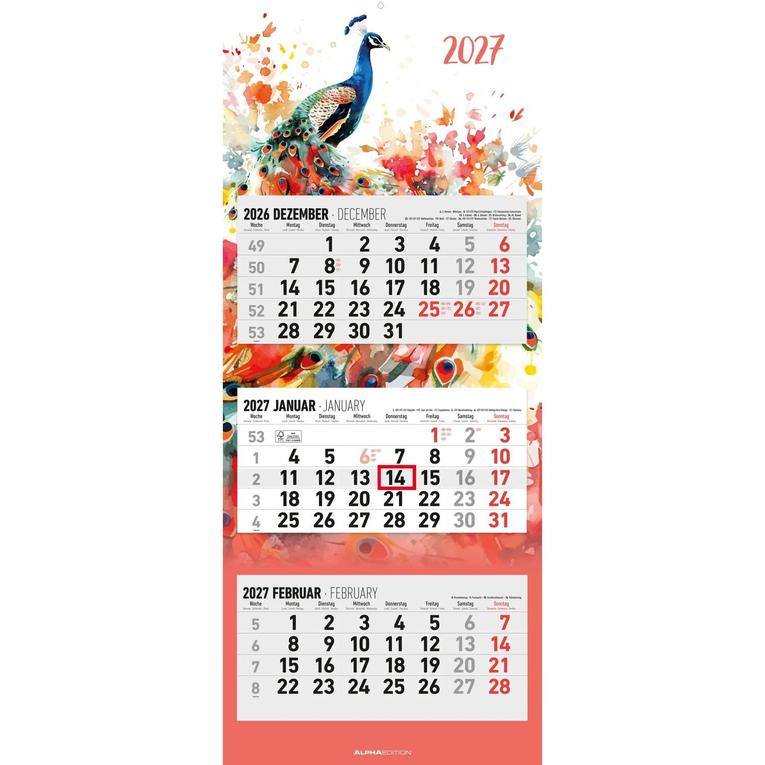 Wandkalender 3-Monatskalender Design 2027