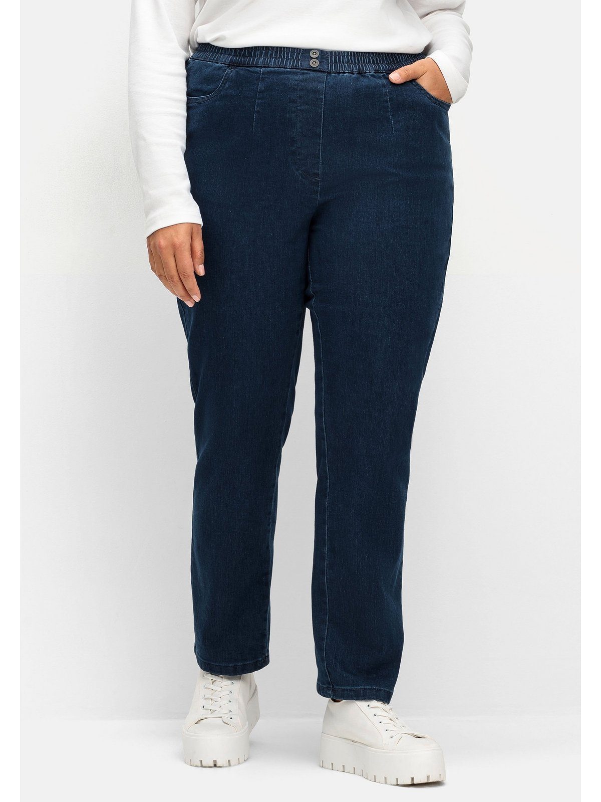 und Used-Effekten Größen Große Jeans dark Gerade mit Sheego blue Smokbund Denim