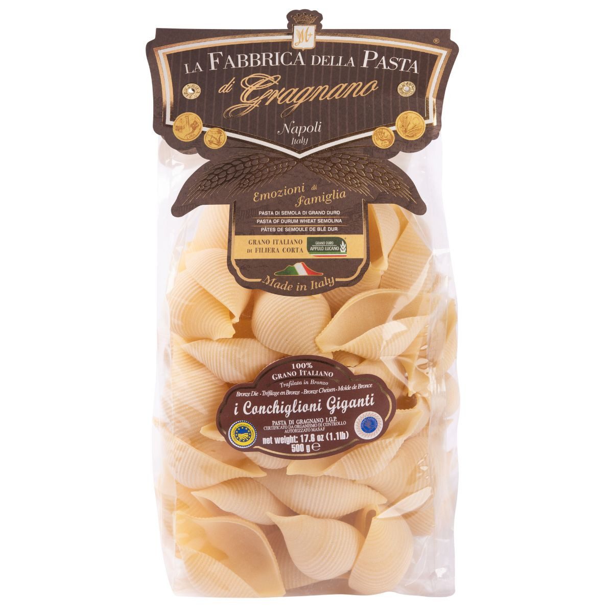 La Fabbrica della Pasta di Gragnano Nudeln Conchiglioni Giganti IGP Trafilatura al Bronzo 500g, Pasta Di Gragnano, 500 g