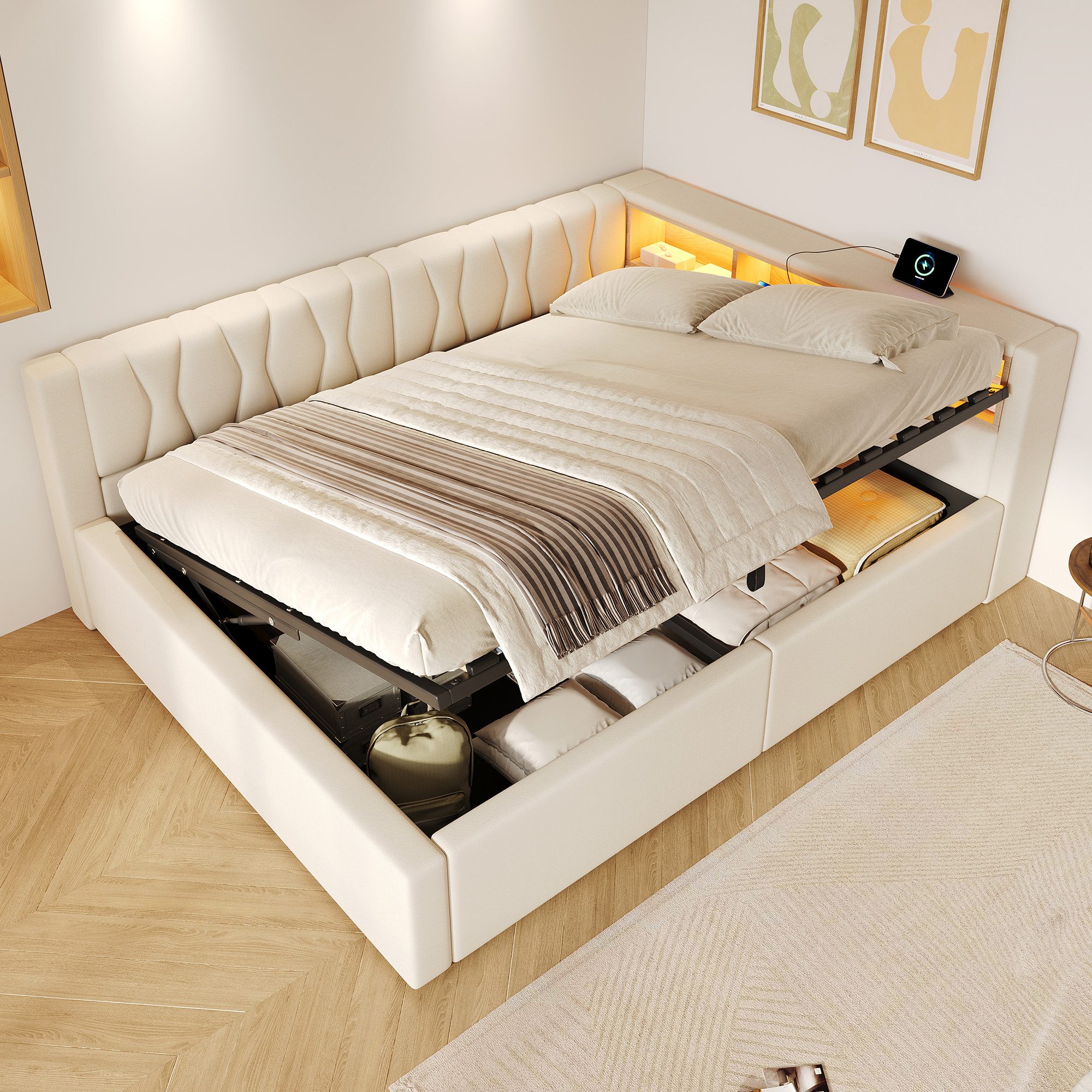 SOFTWEARY Schlafsofa mit RGB LED-Streifen und Stauraum, mit Lattenrost, Regal, Rückenlehne, Aufbewahrung, Type-C und USB, Polsterbett, Einzelbett, Tagesbett, Da – Bild 4 von 5