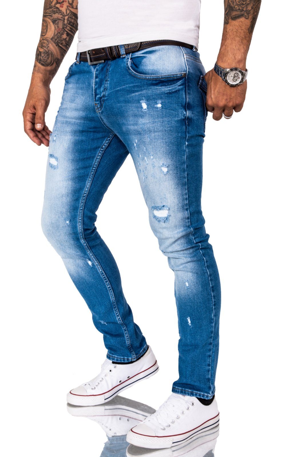 Gelverie Slim-fit-Jeans Herren Jeans Stonewashed Hellblau G-203 günstig online kaufen