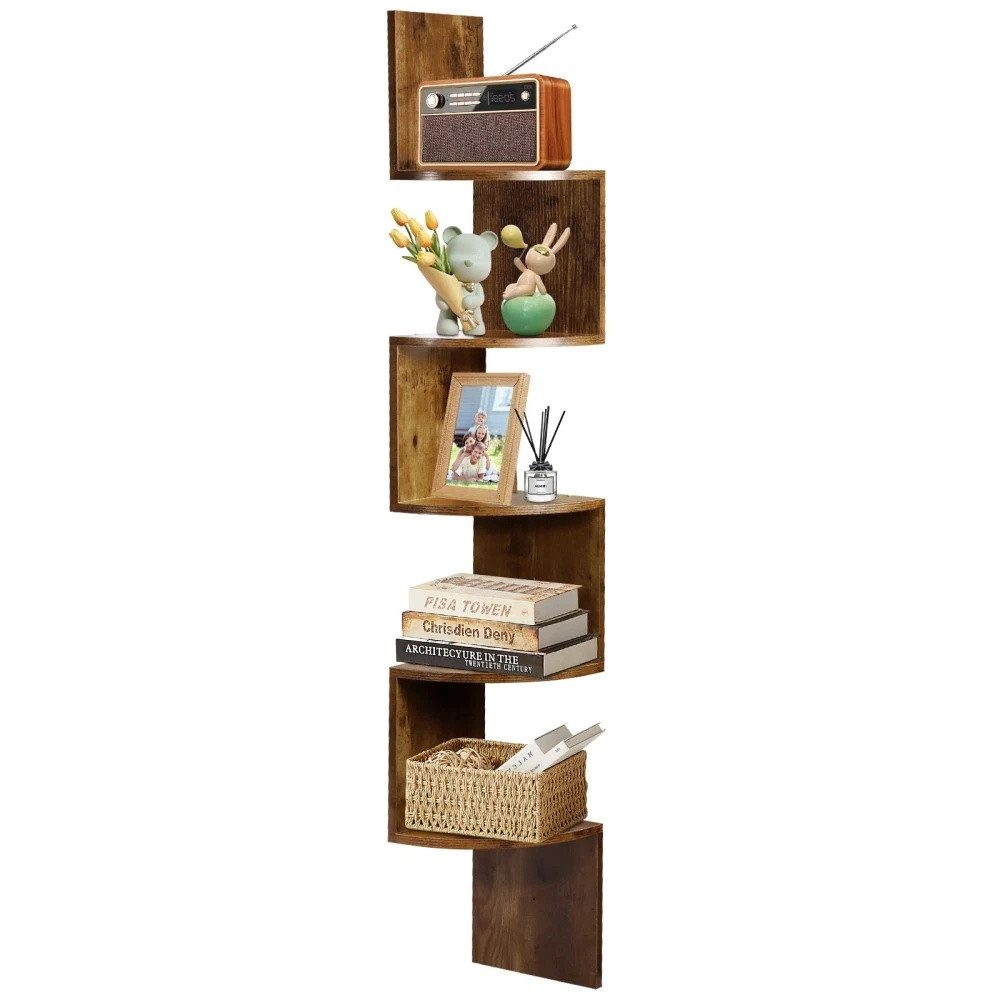 LEMLIT Eckregal Hängendes Wandregal Schweberegal aus Holz mit 5 Ebenen Retro-Braun, 1 Stück 1-tlg., platzsparendes CD DVD Regal für Wohnzimmer, Büro, Küche & Bad