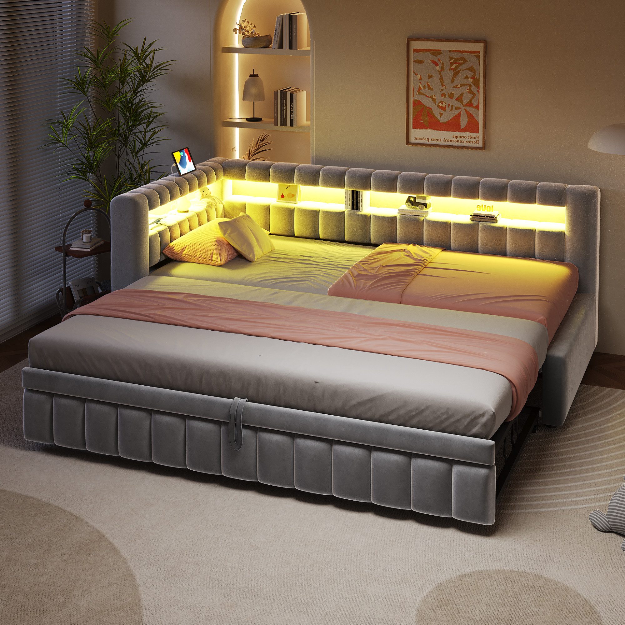 Merax Daybett mit LED-Beleuchtung und Ladeanschluss (Tagesbett Schlafsofa Sofabett Kinderbett, 1 tlg), Polsterbett 90x200cm mit Ausziehbett 90x190cm & Ablagefac – Bild 4 von 5