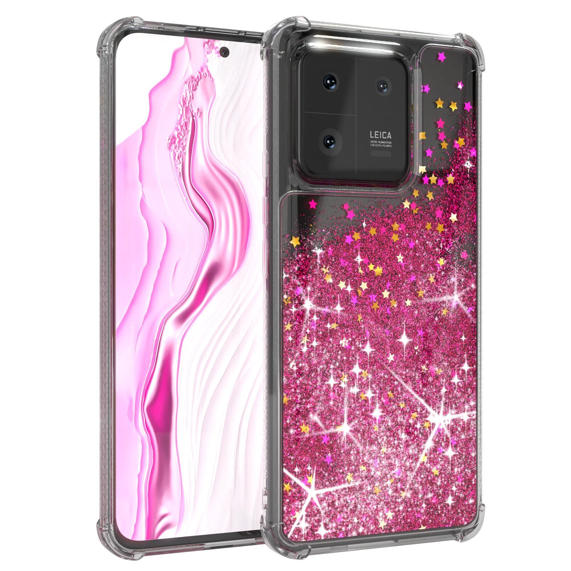 EAZY CASE Handyhülle Liquid Glittery Case für Xiaomi 13 Pro 6,73 Zoll, Glitzerhülle Shiny Slimcover stoßfest Durchsichtig Bumper Case Pink