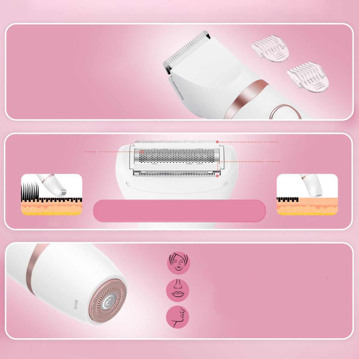 MAXGROOM Körper- und Bikinitrimmer JK-105, 3-in-1-Damentrimmer-Set für Körper, Gesicht und Bikinizone, 3-in-1-System mit IPX6-Schutz und LED-Display