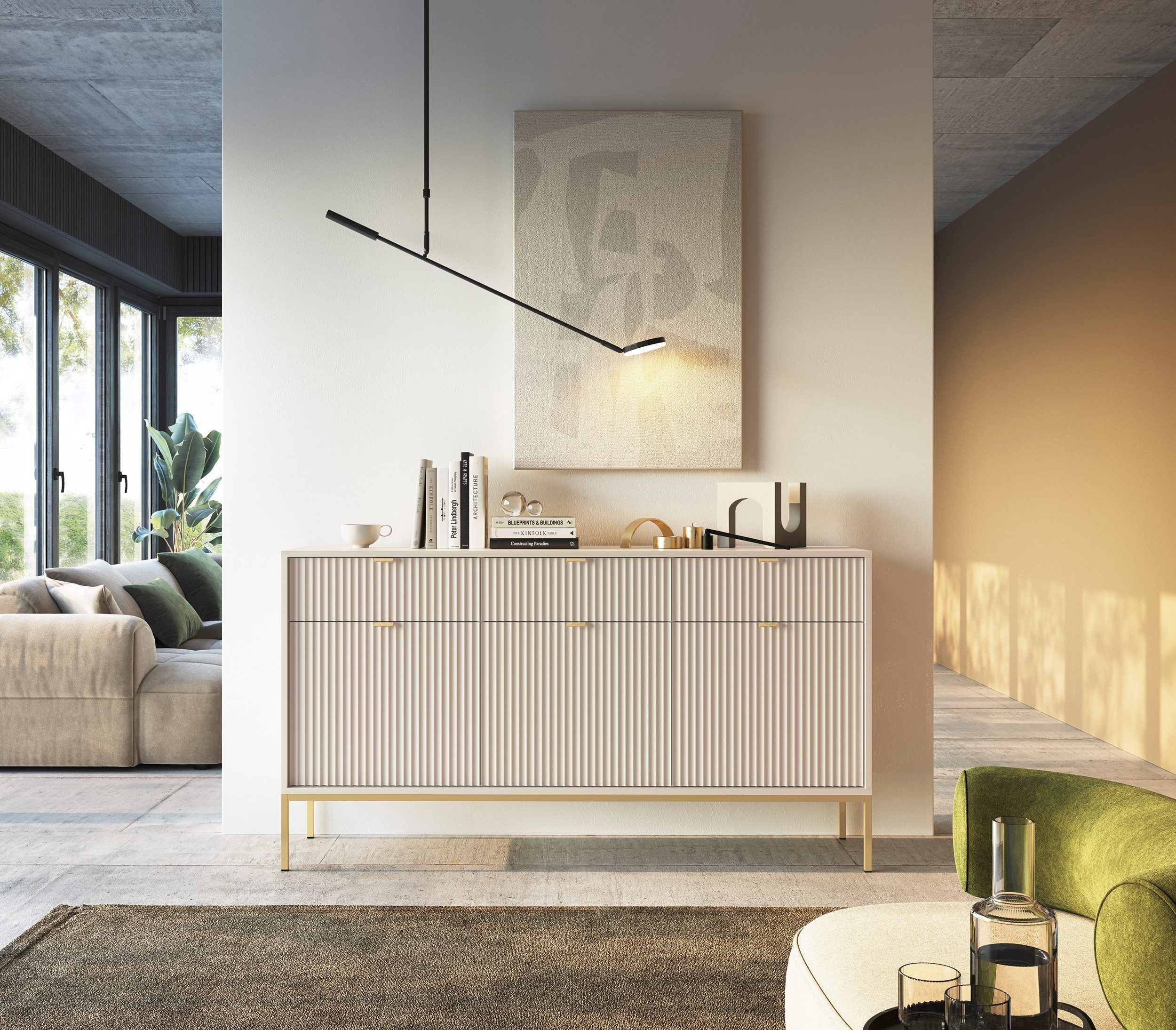 Goldstoff Kommode Milano 154 cm mit geriffelter Front und Metallrahmen (Moderner Schubladenschrank - für Wohnzimmer, Flur, Schlafzimmer), stabile Metallkonstruktion, Soft-Close