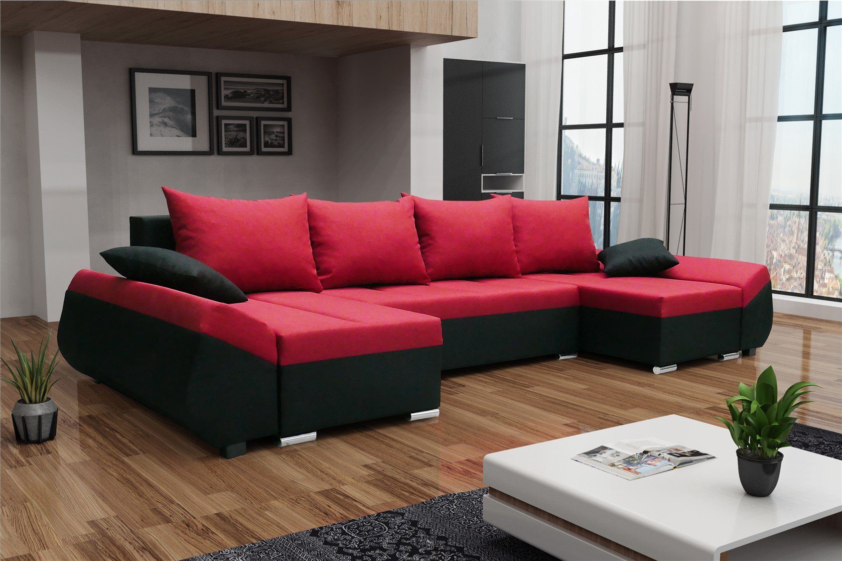 Fun Möbel Wohnlandschaft Sofa in U-Form KLEO in Stoff, inkl. Rückenkissen und Zierkissen, mit Bettkasten Schwarz-Rot