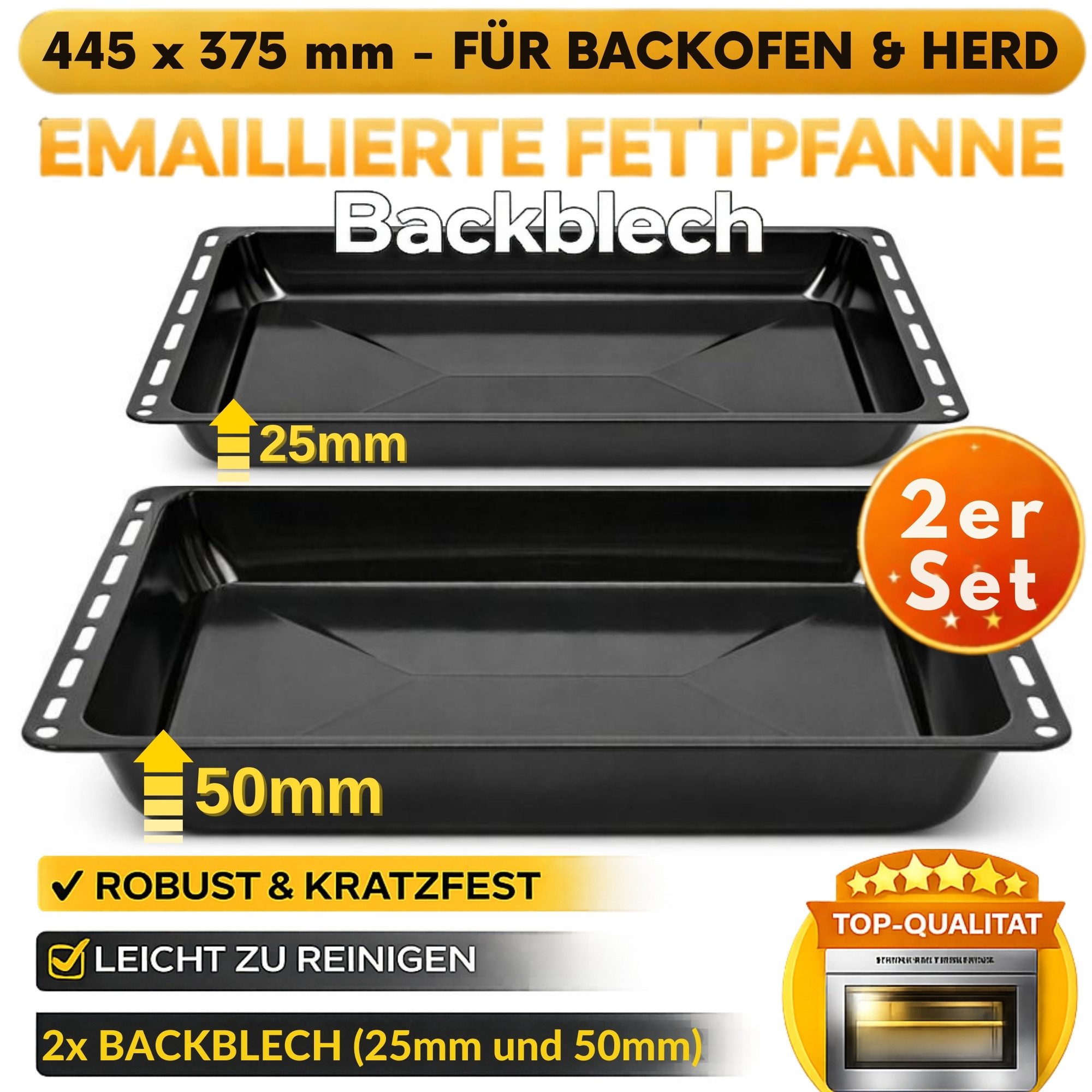 ICQN Backblech 445 x 375 x 25 und 50 mm, Emaille, (2-St), Passend für Whirlpool, Ignis, Bauknecht, Indesit, Algor, Neckermann