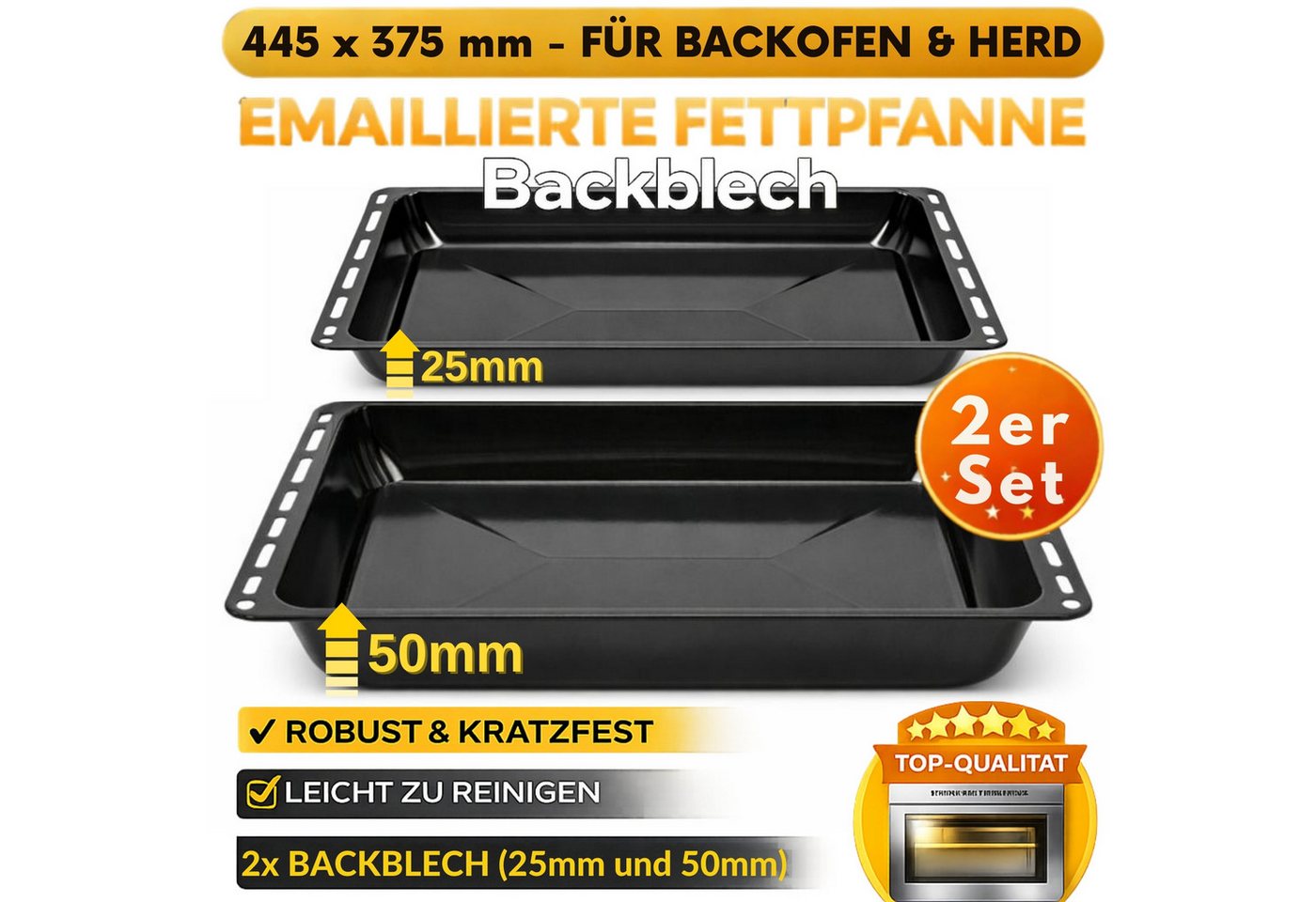 ICQN Backblech 445 x 375 x 25 und 50 mm, Emaille, (2-St), Passend für Whirlpool, Ignis, Bauknecht, Indesit, Algor, Neckermann