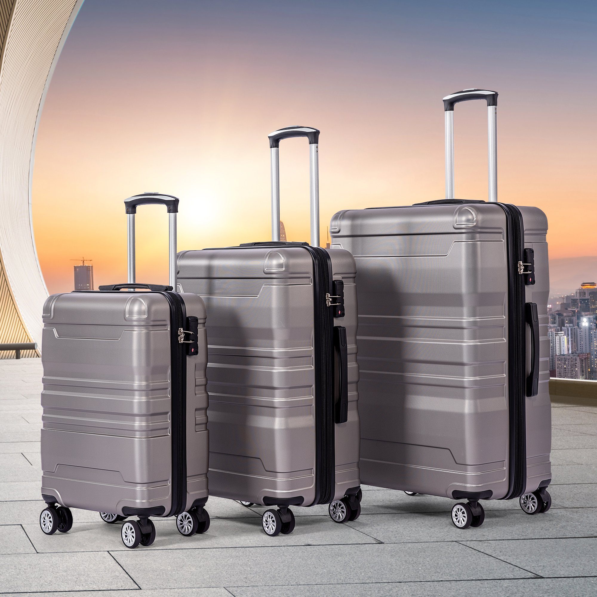 Reisekoffer, Trolleys, (Leicht SPLOE HAUSS Rollkoffer, Reisekoffer, 3 mit Hartschalen-Handgepäck Rollen, Koffer Kofferset Grau ABS 3Set, 4 TSA-Schloss) tlg., Rollkoffer