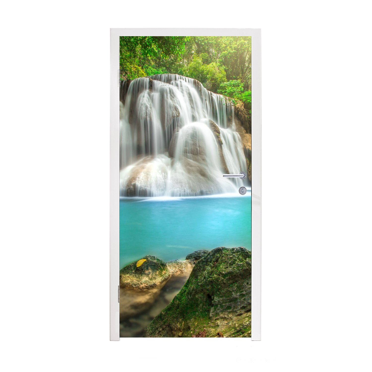 MuchoWow Türtapete Wald - Wasserfall - Natur, Matt, bedruckt, (1 St), Fototapete für Tür, Türaufkleber, 75x205 cm