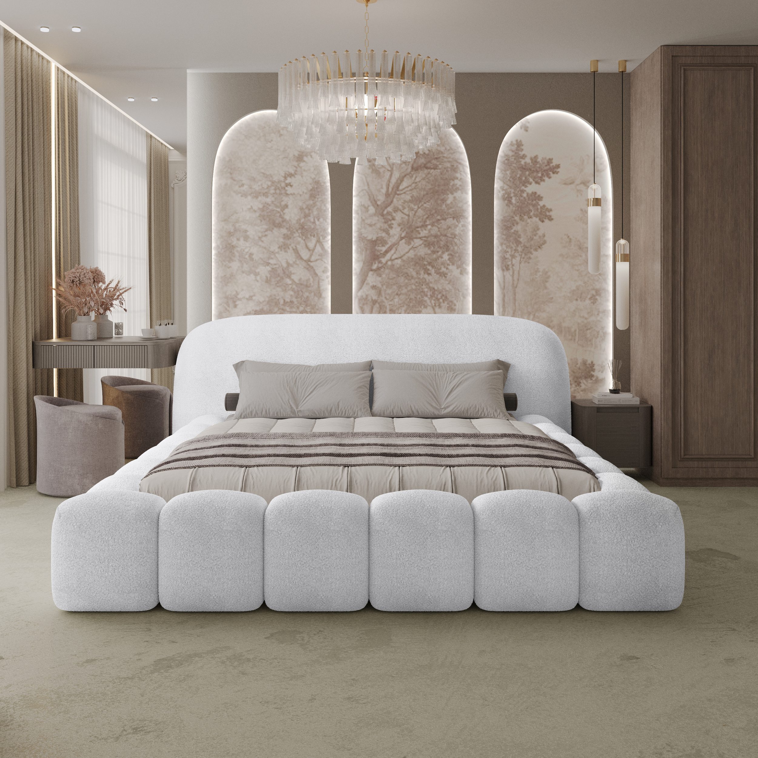 thematys Polsterbett ORLANDO - Cloud mit Bettkasten, Bouclé Bezug - 140x200 - 200x200cm - (Kopfteil in Oversize, Familienbett XXL)