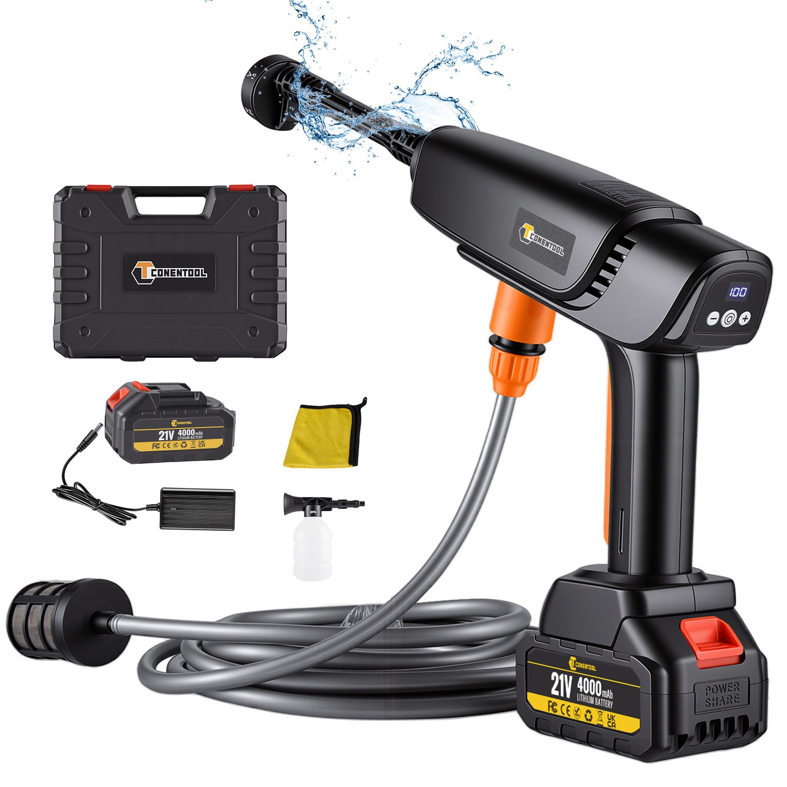 CONENTOOL Akku-Hochdruckreiniger 6-in-1 Tragbarer Bürstenloser Hochdruckreiniger, Druck max: 65 bar, 350 W, Fördermenge max: 330 l/h, mit Schaumkanne 4000mAh Akku für Auto, Garten & Haushalt