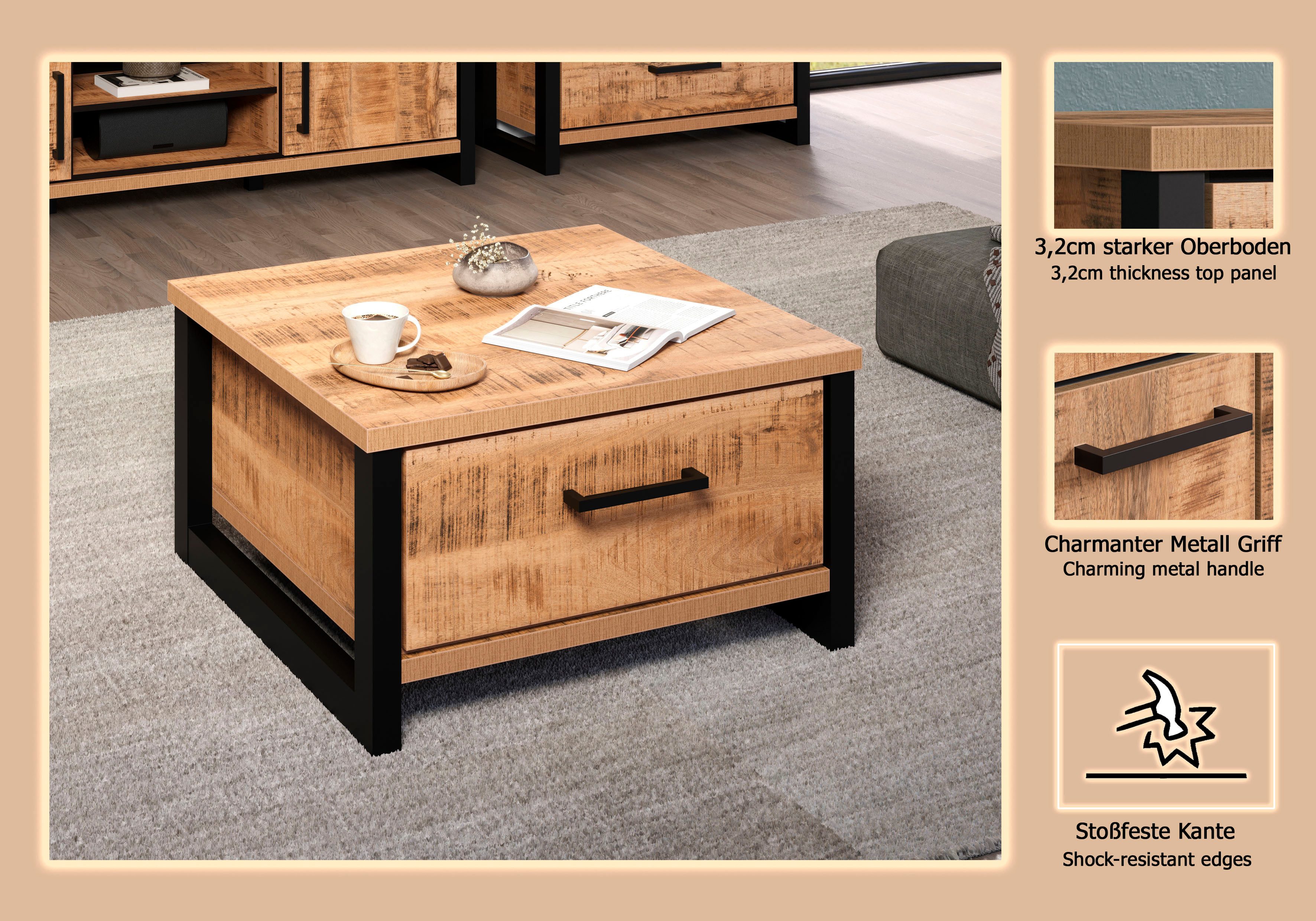 Home affaire Couchtisch Elda (1-St), Couchtisch mit 2 Vollauszug Schubladen – (B/T/H) 80/80/45 cm
