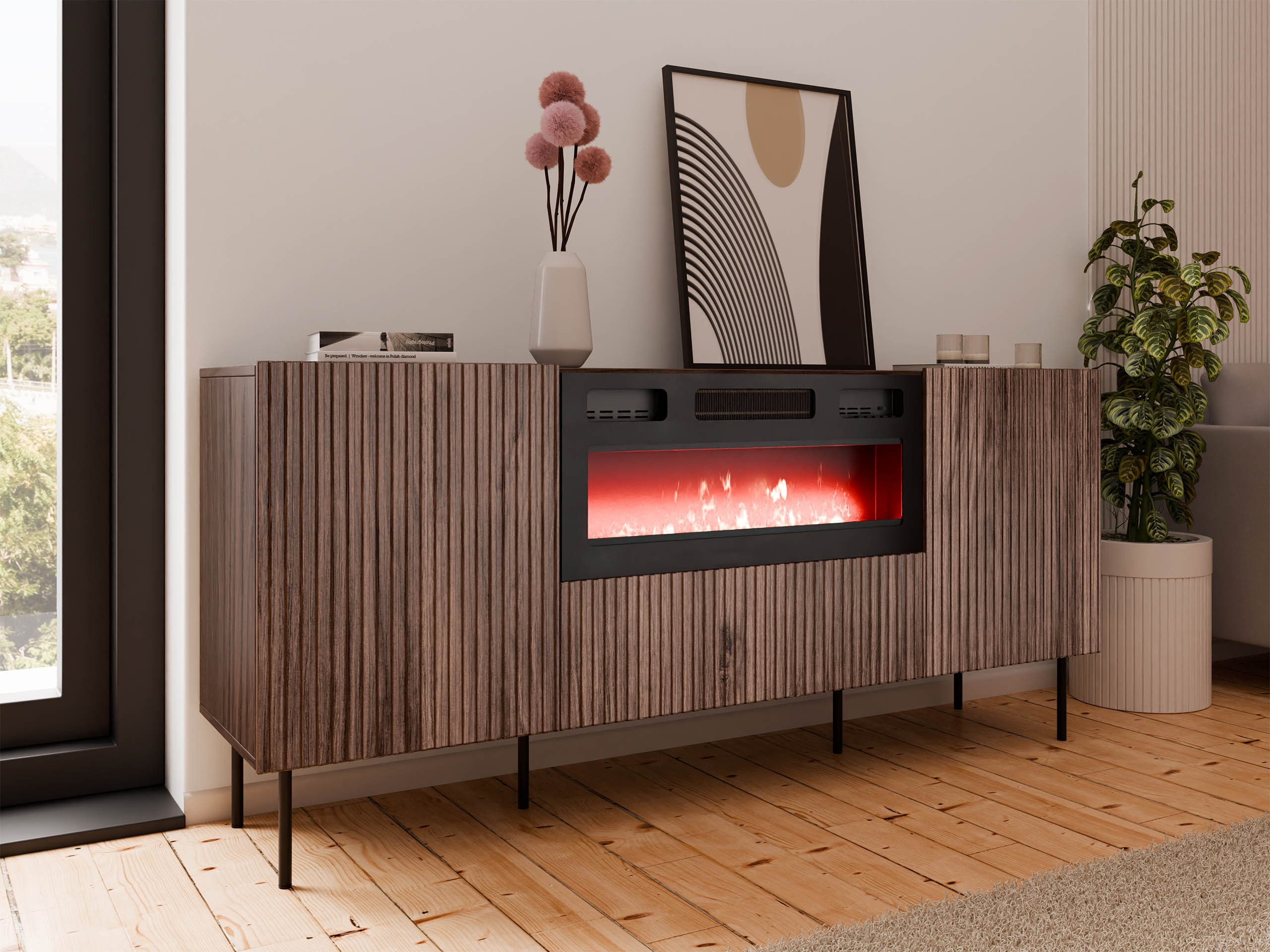 MIRJAN24 Kommode Tacos 180 mit Elektrische Kamin (mit zwei Drehtüren und Klappe), Schwarze Stahlfüße, Realistische LED-Flamme