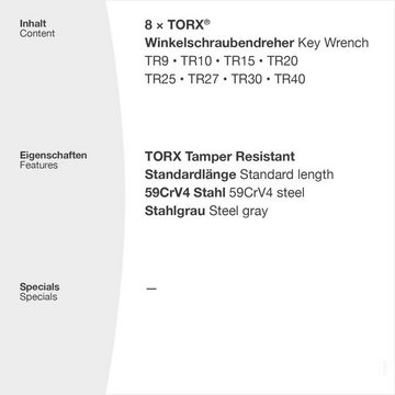 TORX Torxschlüssel TR Winkelschraubendreher Set TX9-TX40 Stahlgrau 8teilig, mit Bohrung / Loch