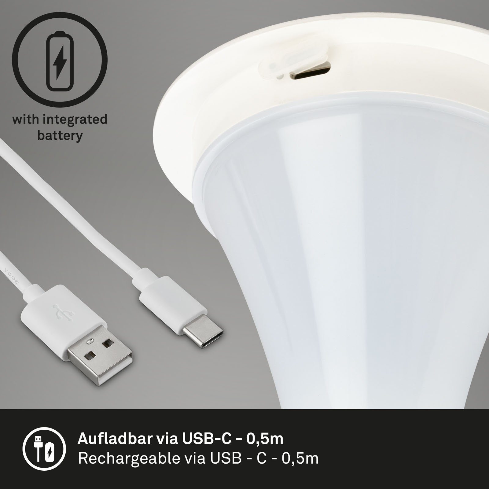 USB-C, verbaut, warmweiß, LED 28 IP44, mit Briloner cm fest In-/Outdoor, Leuchten 7420016, Außen-Tischleuchte Akku, weiß,