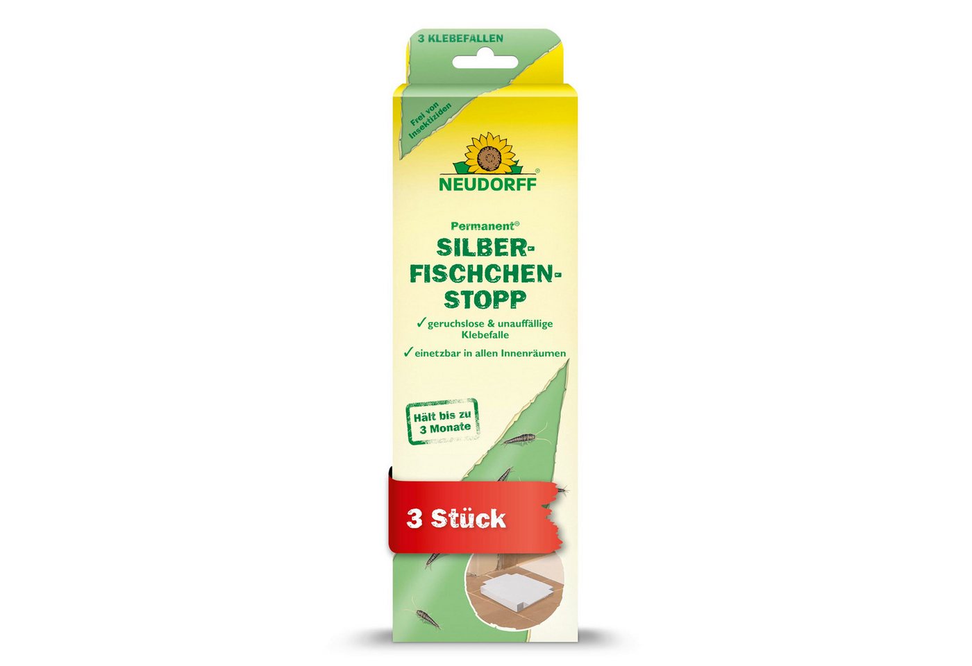 Neudorff Insektenspray Permanent SilberfischchenStopp - Silberfischfalle - 3 Stück, Fängt effektiv Silberfische und Papierfische in allen Innenräumen, Geruchlose und insektizidfreie Klebefalle