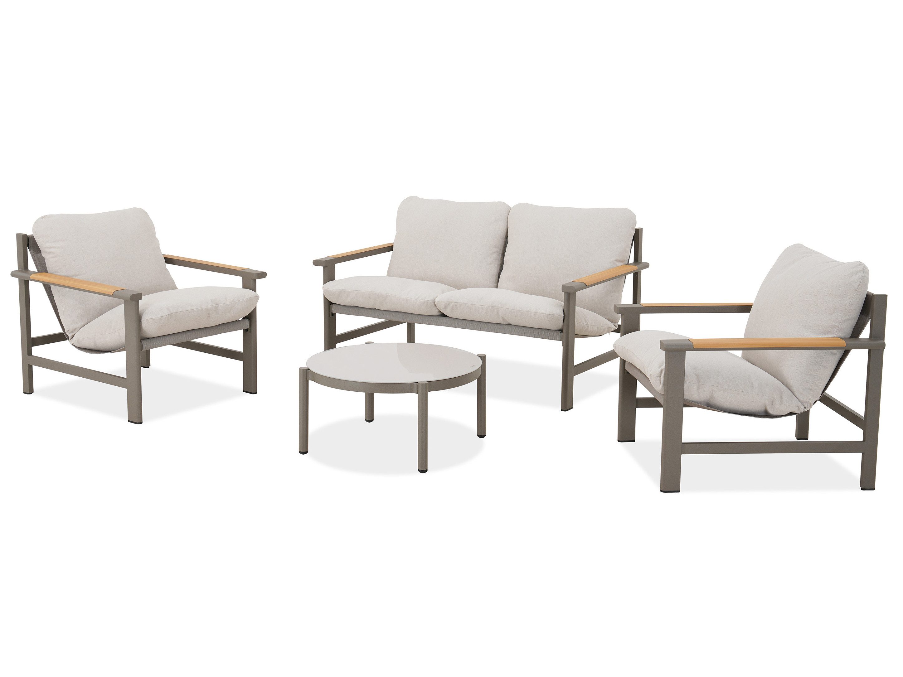 Beautysofa Gartenlounge-Set ASPEN Outdoor Lounge Set, (Couchtisch mit Glasplatte, 4-tlg., 2 Sessel + 2-Sitzer Sofa + Couchtisch), Gartenmöbel in 2 Farben: Beige oder Grau