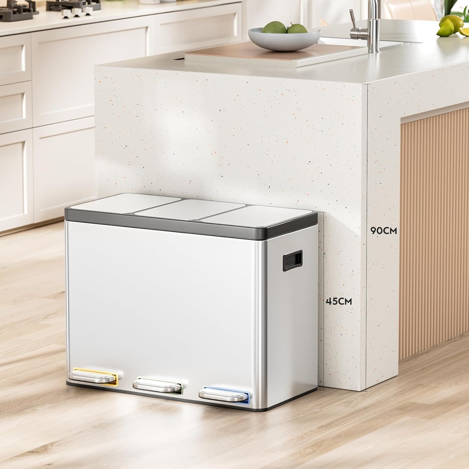 TLGREEN Mülltrennsystem 3×15L aus Stahl,Mülleimer 3 Fächer mit Soft-Close-Deckeln,Abfalleimer mit Herausnehmbare Inneneime – Bild 2 von 5