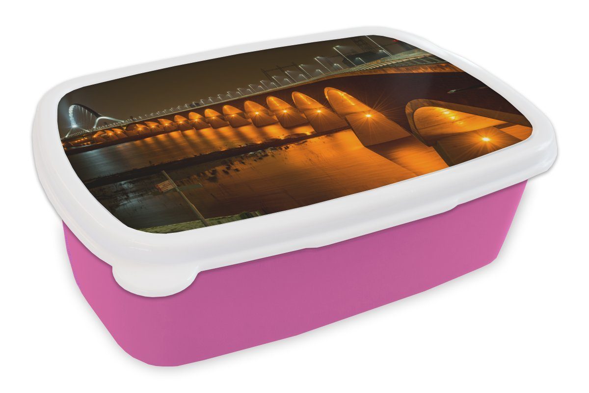 MuchoWow Lunchbox Licht - Brücke - Nijmegen, Kunststoff, (2-tlg), Brotbox für Erwachsene, Brotdose Kinder, Snackbox, Mädchen, Kunststoff rosa