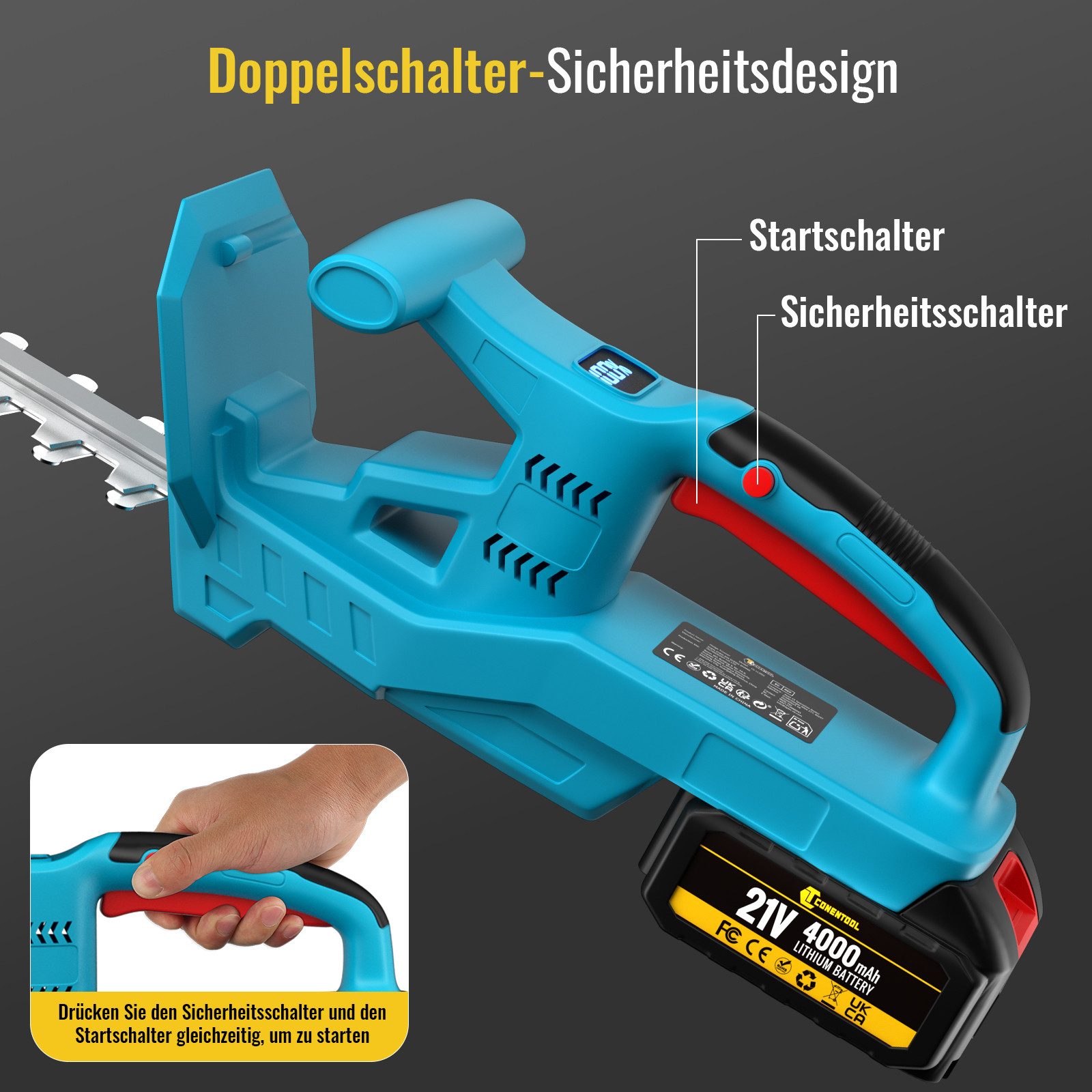 CONENTOOL Akku-Heckenschere 21V Elektro-Heckenschere mit 2x4Ah Akku und Ladegerät, (set), 50 cm Schnittlänge, kabellose Gartenschere für Hecken & Büsche