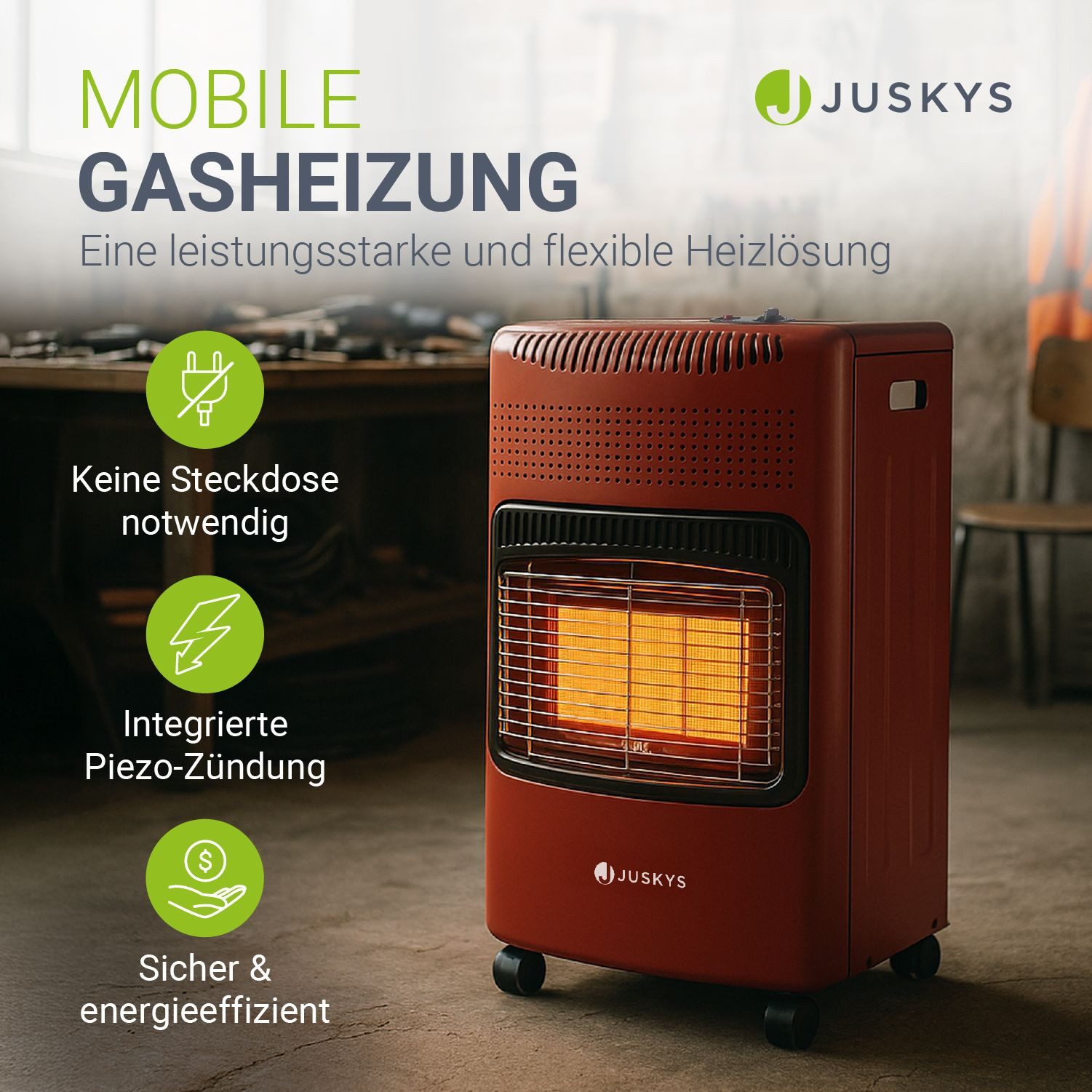 Juskys Heizstrahler GS42US, 4200 W, stark und energiesparend, 3-Stufen-Wärme-Regler, Gasflaschenhalterung