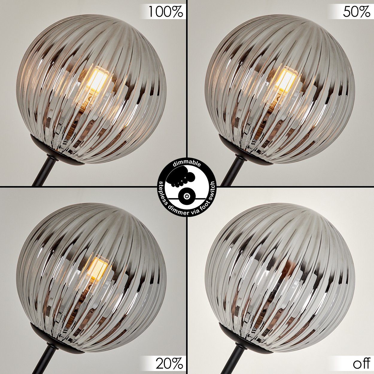 hofstein Stehlampe dimmbare Stehlampe aus Metall/Glas in Schwarz/Rauchfarben/Riffelglas, ohne Leuchtmittel, Standleuchte Glaskugeln Ø12cm, dimmbar, 5xG9, ohne Leuchtmittel