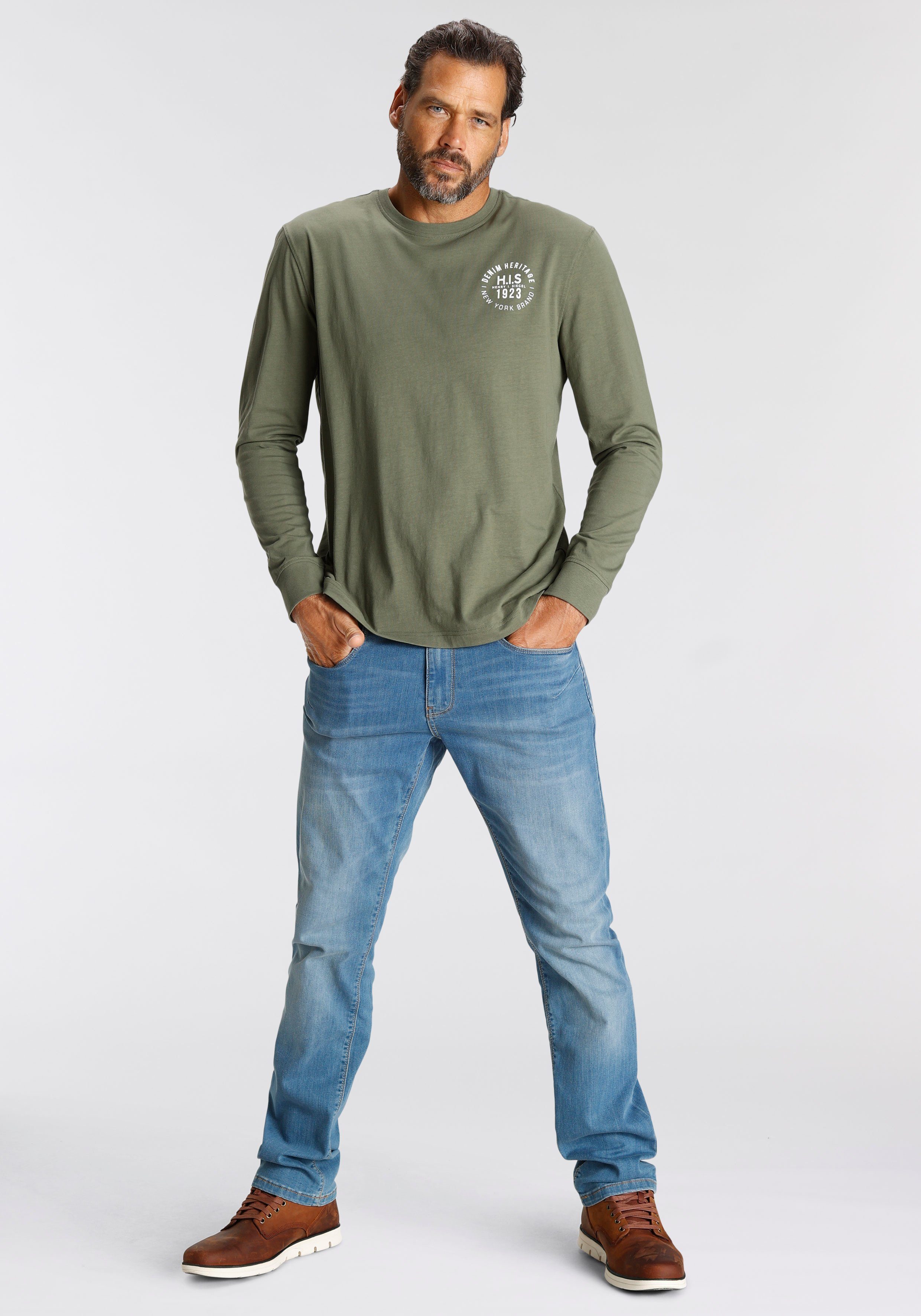 H.I.S Langarmshirt (Packung, 2-tlg., 2er-Pack) Langarm, bedruckt, Rundhalsausschnitt, aus 100% Baumwolle