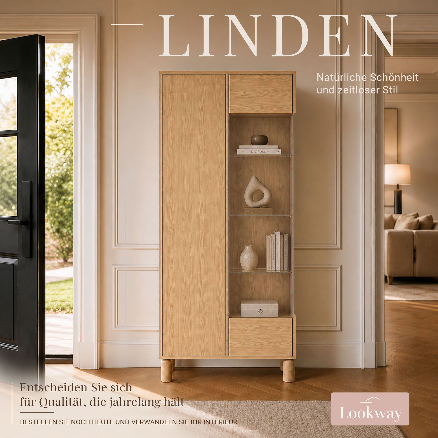 Lookway Standvitrine LINDEN mit Glastür und LED-Beleuchtung