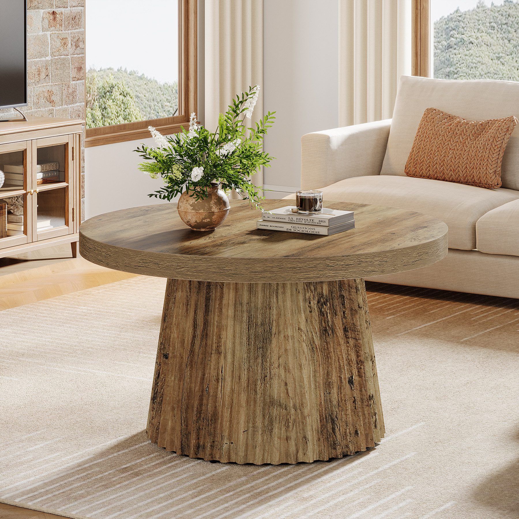 Tribesigns Couchtisch 80 cm Runder Wohnzimmertisch mit Trommel Basis und Holzoptik – Braun