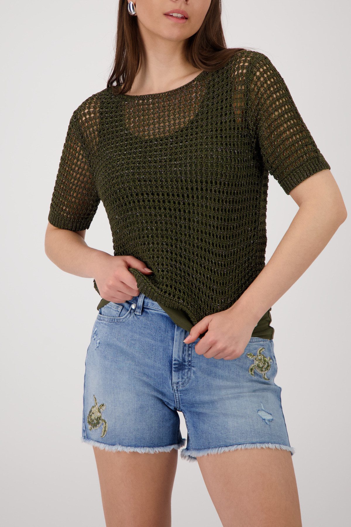 Monari Strickpullover Pullover Glanzbändchen Regular fit mit Ajour-Strick
