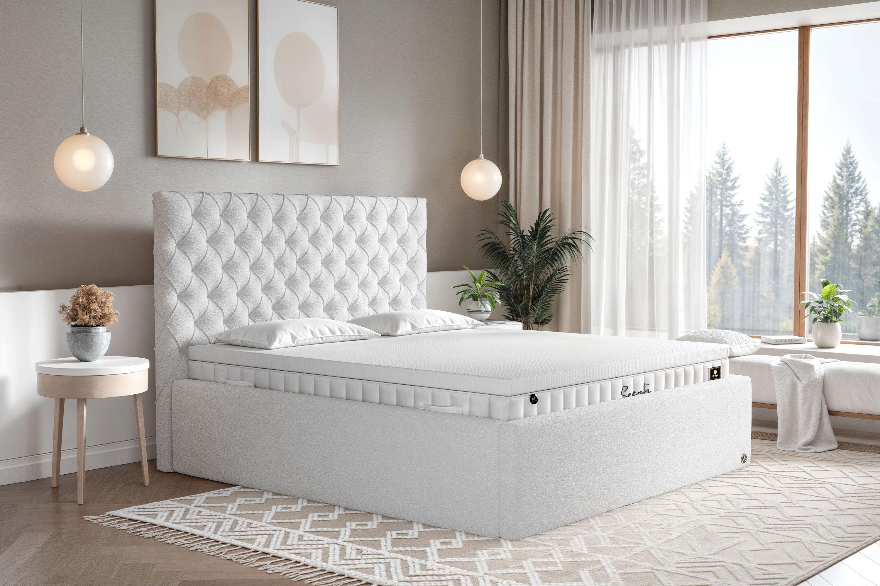 Di-Lara Polsterbett Xenia 90x200 cm (Offwhite, Chesterfield Design & XXL Bettkasten), mit Lattenrost(e), ohne Matratze(n) und Topper