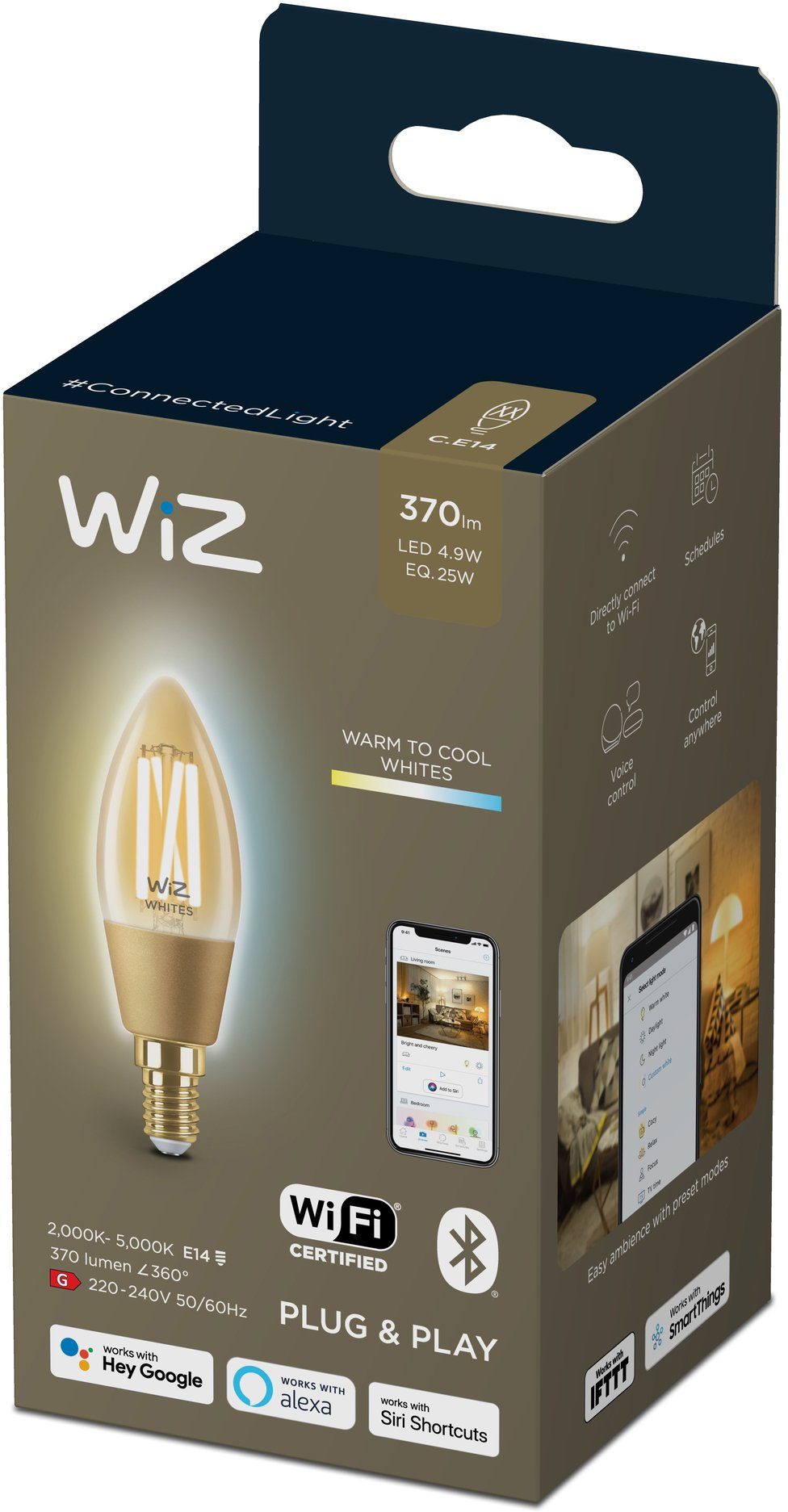Amber Einzelpack, WiZ St., 1 E14, LED-Filament Tunable E14 Warmweiß, 25W Lampen White Kerzenform LED klassisches Vintage-Design Wiz Filament Filament für