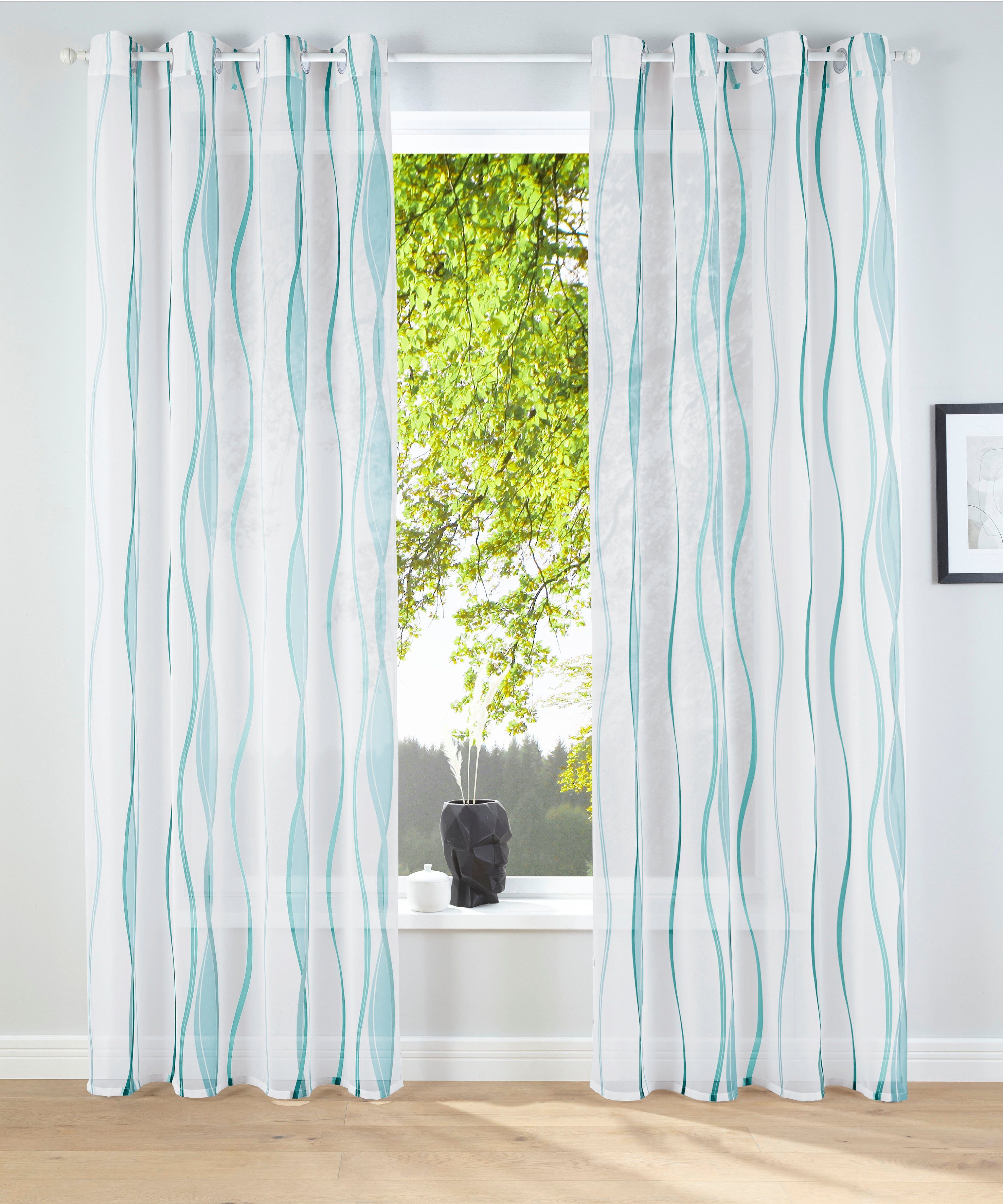 Gardine Dimona, my Ösen St), transparent, Set, (2 Polyester, weiß/petrol transparent, Voile, home, Voile, 2-er Wellen