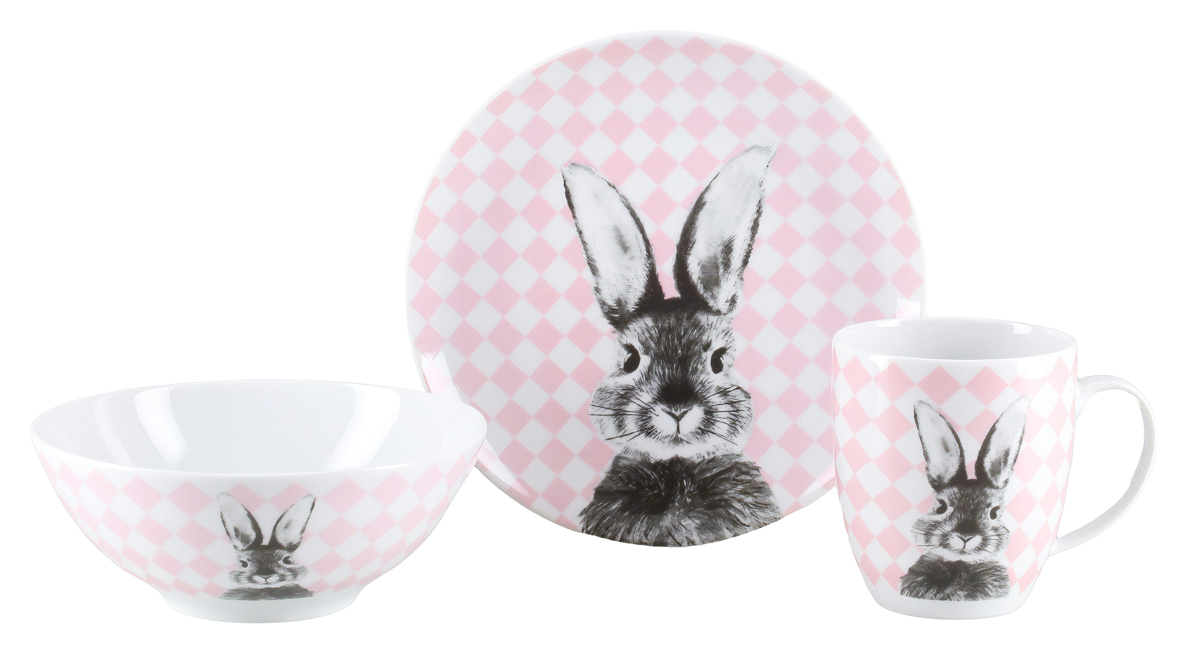 CreaTable Geschirr-Set Happy Bunny, Set 3-tlg., mit Hasenmotiv, ideal für Ostern (3-tlg), 1 Personen, Porzellan, Osterdesign, fröhliche & frühlingshafte Farben