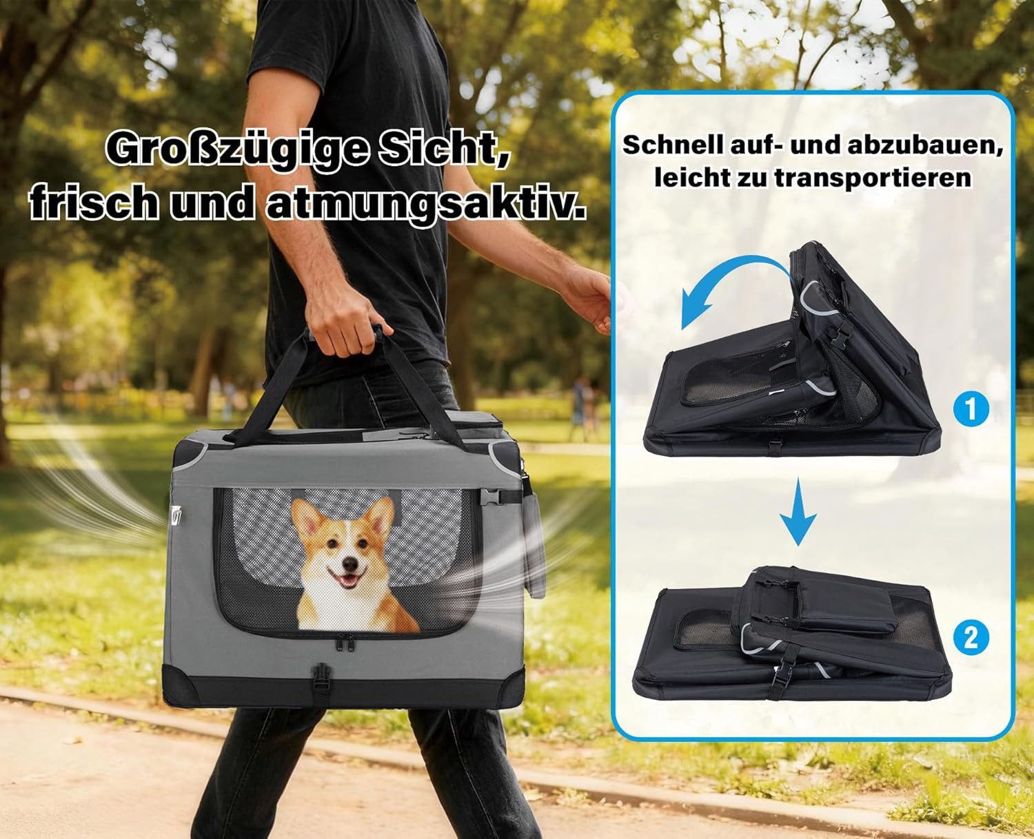 Zedelmaier Tiertransporttasche Transportbox, Faltbar Hundetransportbox, Katzenbox, Inkl.2 Rollen Hundekotbeutel, 1 faltbarer Napf, 2 praktische Beutel