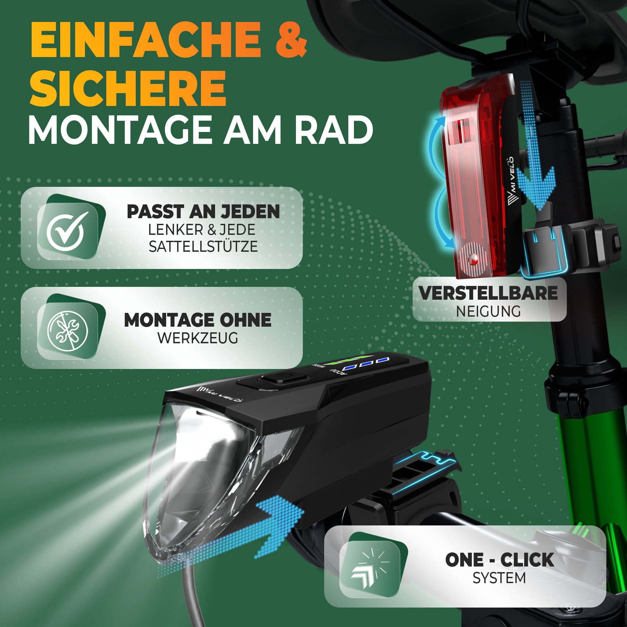 MIVELO Fahrradbeleuchtung LUMIX Fahrradlicht LED Set 70 LUX - Akku USB aufladbar wasserdicht, OSRAM LED