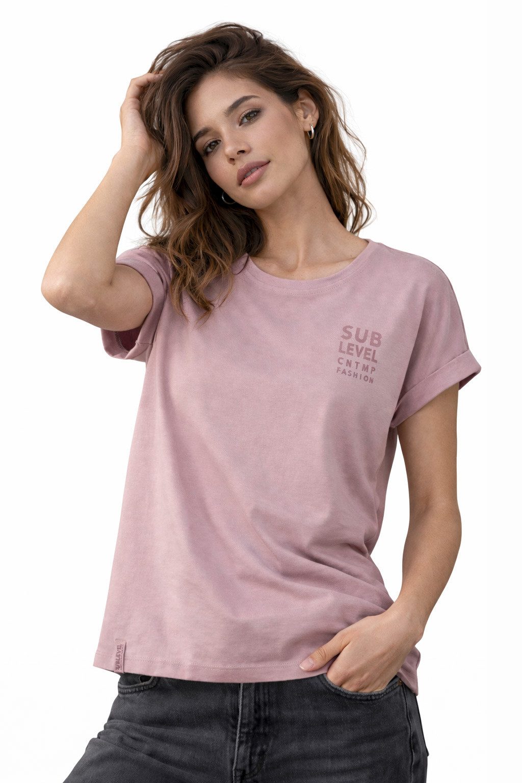 SUBLEVEL T-Shirt Damen Shirt Turn-Up Ärmel Weiches Basic Shirt Rundhals Kurzarm Baunwolle Modal Mix, super soft, unifarben, markenlogo