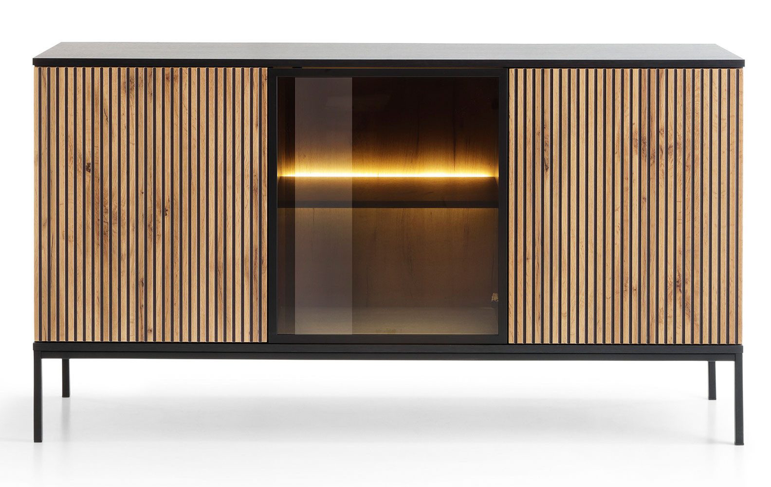 Feldmann-Wohnen Kommode Sento (3 Türen, innen je 1 Boden, mit Glaseinsatz & Push to open Funktion, 1 St., Grifflos, mit LED Beleuchtung, Fronten mit geriffelten Muster), 154x39x83cm schwarz / Wotan Eiche, Mitteldichte Faserplatte