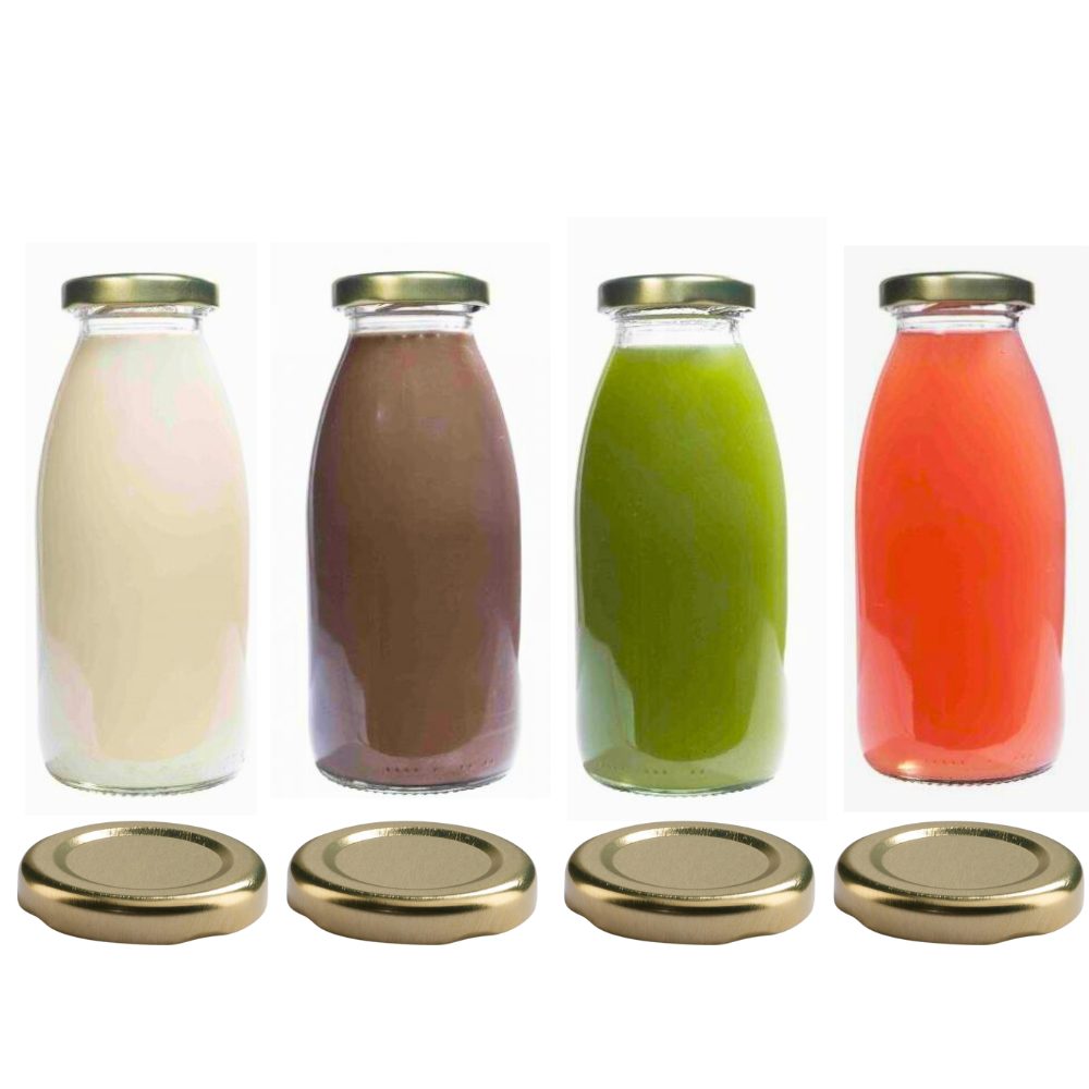 mikken Trinkflasche 4x Milchflasche 250 ml mit Schraubdeckel plus 4 Ersatzdeckel, Inhalt 250 ml, große Öffnung