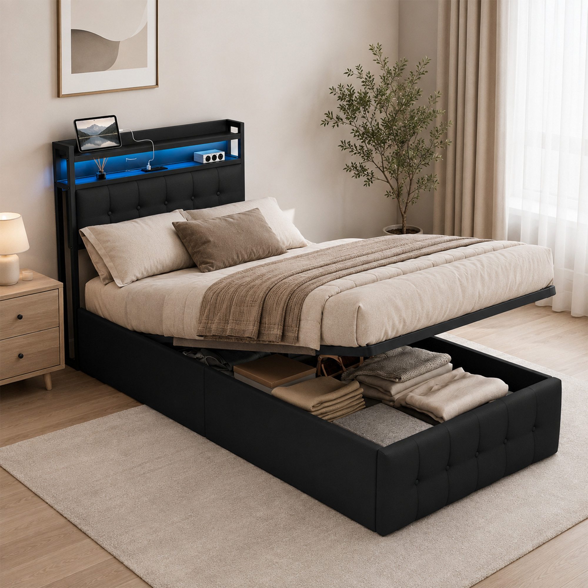 Simurq Stauraumbett Polsterbett 90x200 mit Stauraum, Einzelbett mit Gasdruckfeder (RGB LED, USB & Type-C Anschluss, Stauraum-Kopfteil), Stauraumbett, Bett mit Bettkasten, modernes Einzelbett